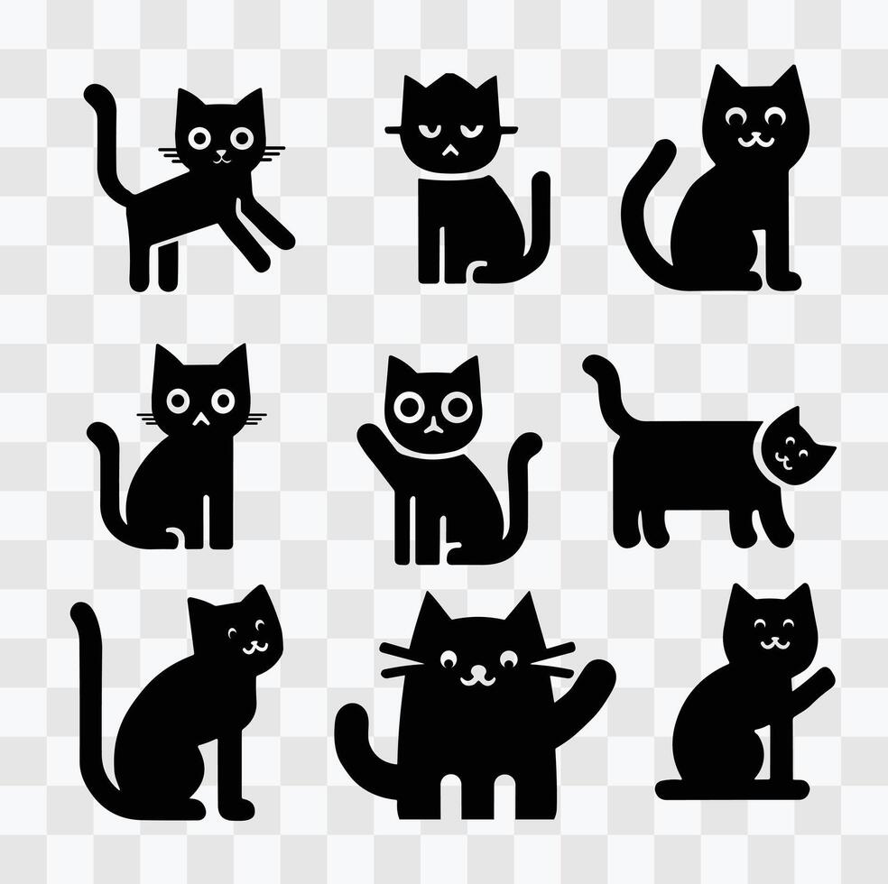 Collection of black cartoon cat illustrations, vectoral cats design vector