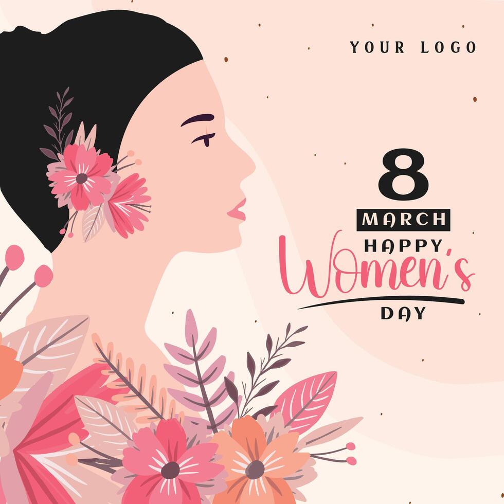 8 march womens day greeting card design with young woman illustration and flower vector