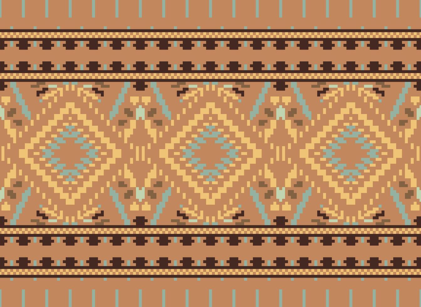 Pixel Cross Stitch Traditional Ethnic Pattern Paisley Flower Ikat Background Abstract Aztec African Indonesian Indian Seamless Pattern for Fabric Print Cloth Dress Carpet Curtains and Sarong vector