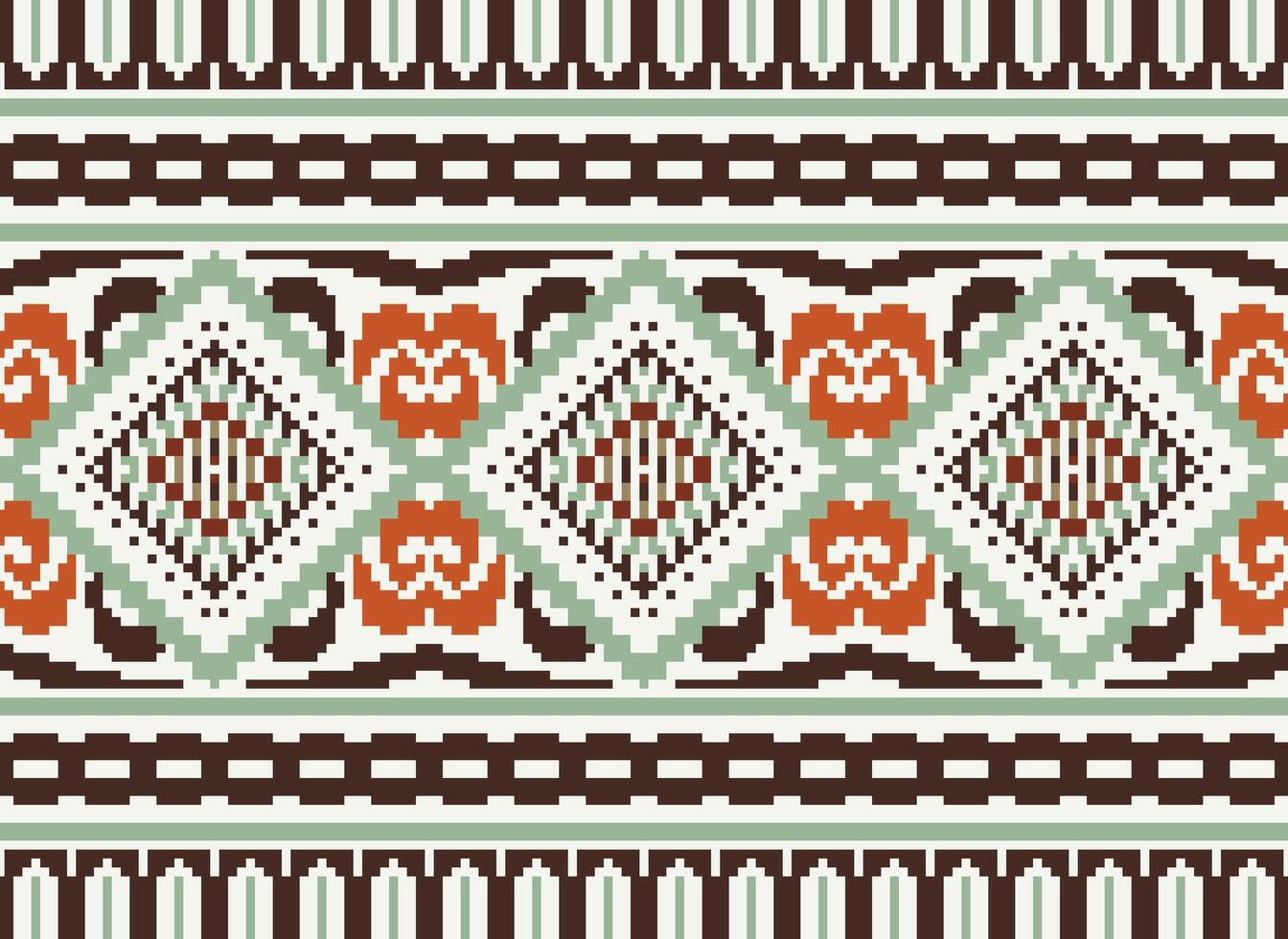 Pixel Cross Stitch Traditional Ethnic Pattern Paisley Flower Ikat Background Abstract Aztec African Indonesian Indian Seamless Pattern for Fabric Print Cloth Dress Carpet Curtains and Sarong vector