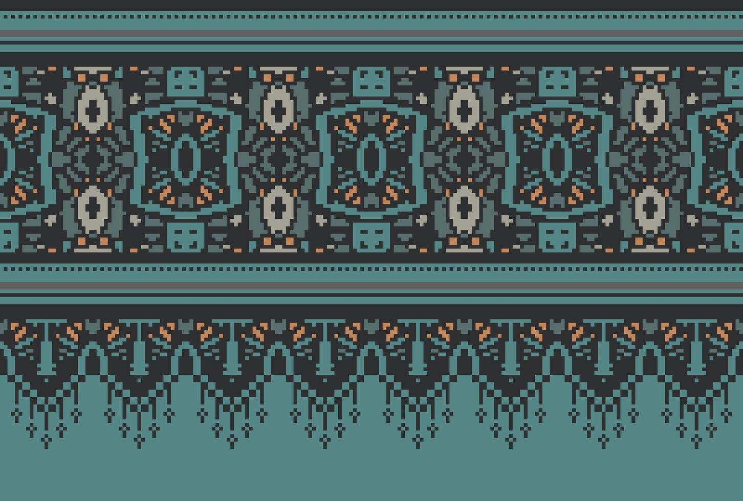 Pixel Cross Stitch Traditional Ethnic Pattern Paisley Flower Ikat Background Abstract Aztec African Indonesian Indian Seamless Pattern for Fabric Print Cloth Dress Carpet Curtains and Sarong vector