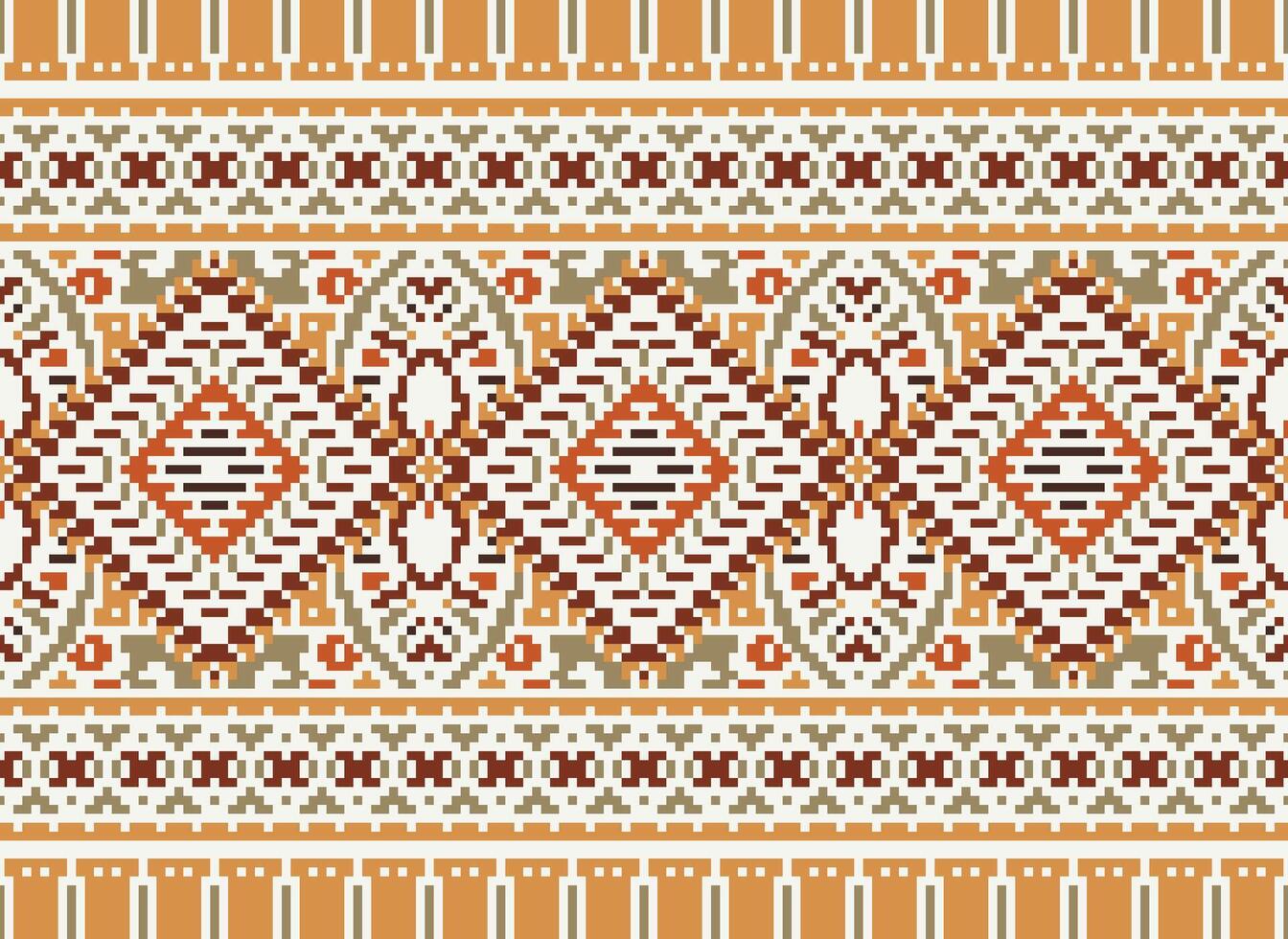 Pixel Cross Stitch Traditional Ethnic Pattern Paisley Flower Ikat Background Abstract Aztec African Indonesian Indian Seamless Pattern for Fabric Print Cloth Dress Carpet Curtains and Sarong vector