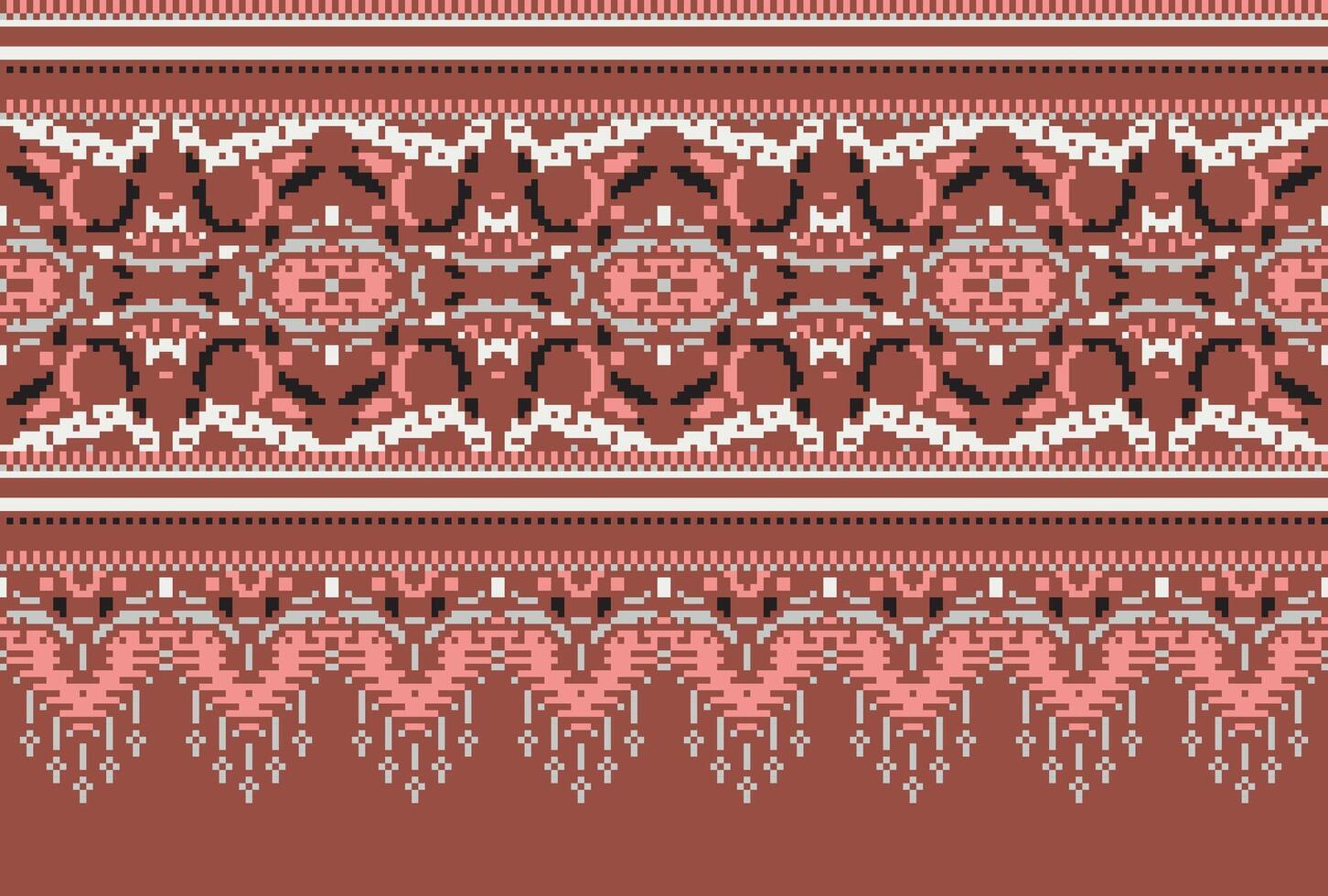 Pixel Cross Stitch Traditional Ethnic Pattern Paisley Flower Ikat Background Abstract Aztec African Indonesian Indian Seamless Pattern for Fabric Print Cloth Dress Carpet Curtains and Sarong vector
