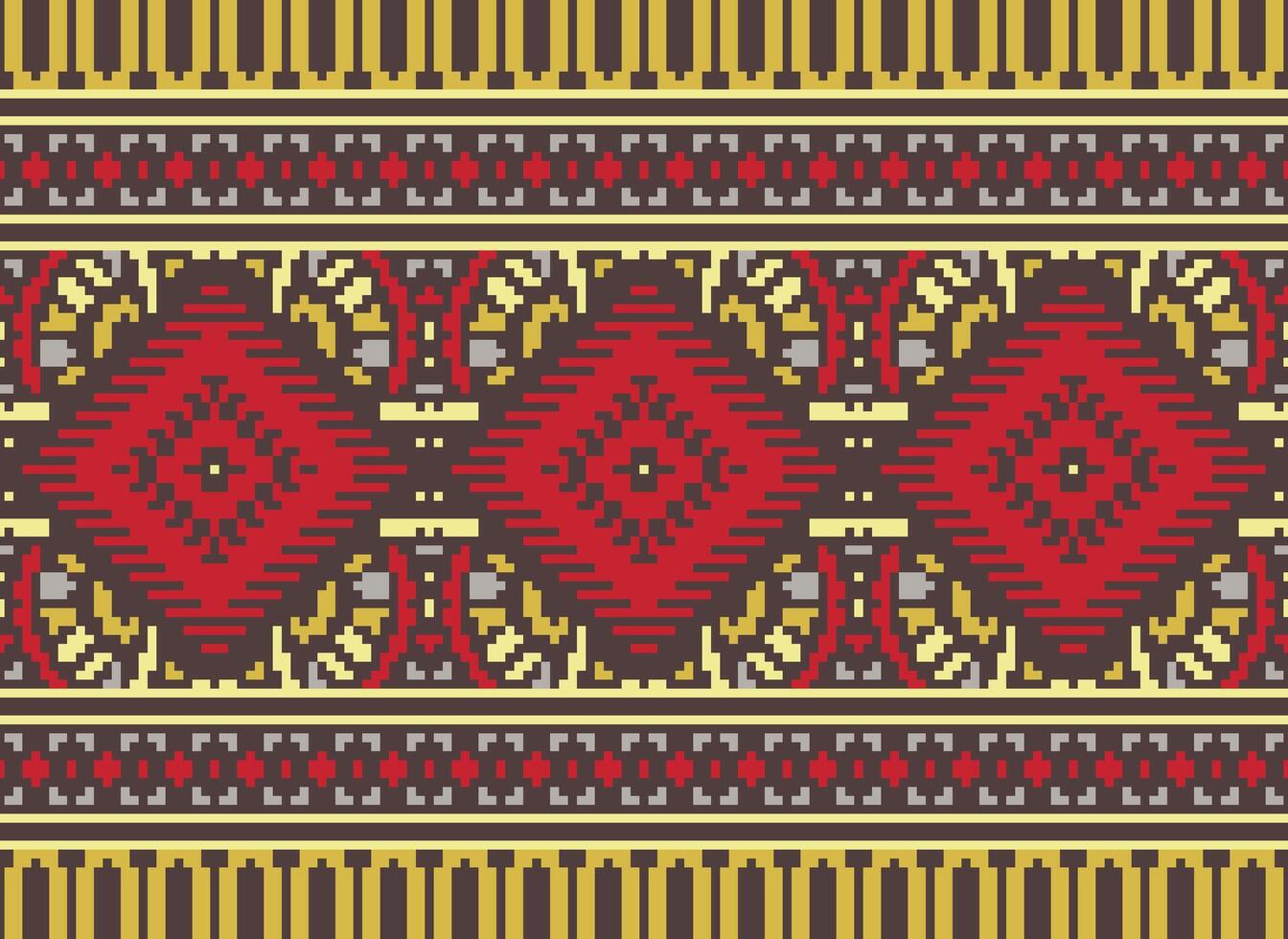Pixel Cross Stitch Traditional Ethnic Pattern Paisley Flower Ikat Background Abstract Aztec African Indonesian Indian Seamless Pattern for Fabric Print Cloth Dress Carpet Curtains and Sarong vector