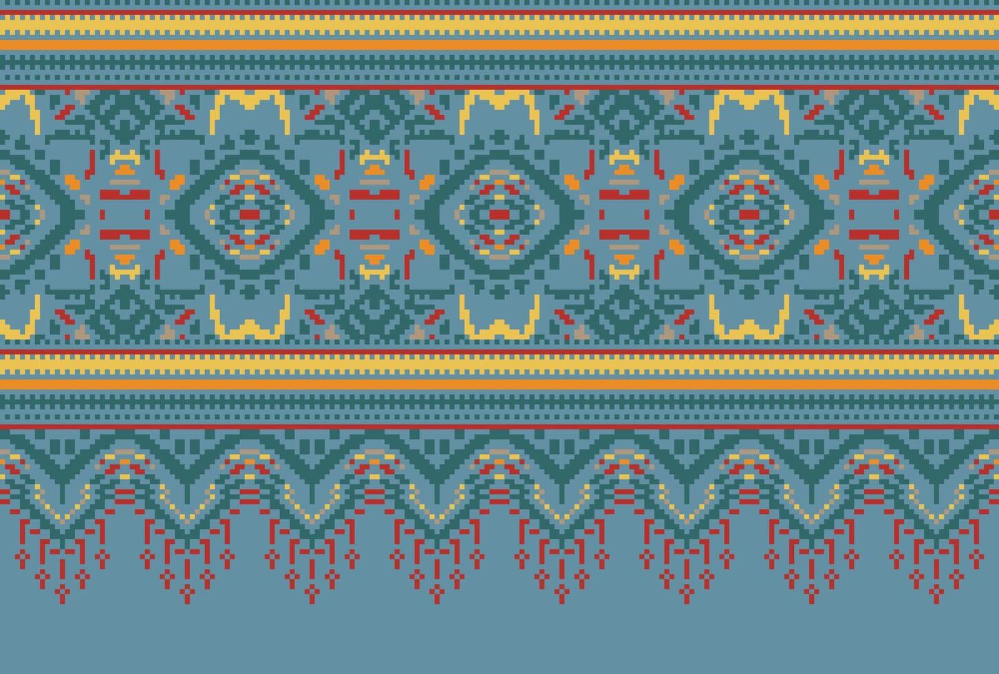 Pixel Cross Stitch Traditional Ethnic Pattern Paisley Flower Ikat Background Abstract Aztec African Indonesian Indian Seamless Pattern for Fabric Print Cloth Dress Carpet Curtains and Sarong vector
