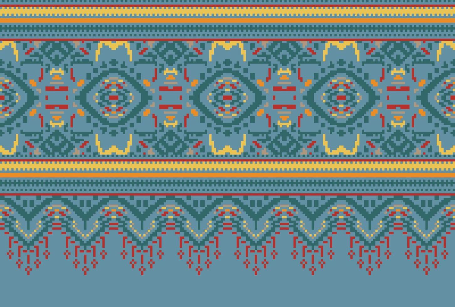 Pixel Cross Stitch Traditional Ethnic Pattern Paisley Flower Ikat Background Abstract Aztec African Indonesian Indian Seamless Pattern for Fabric Print Cloth Dress Carpet Curtains and Sarong vector