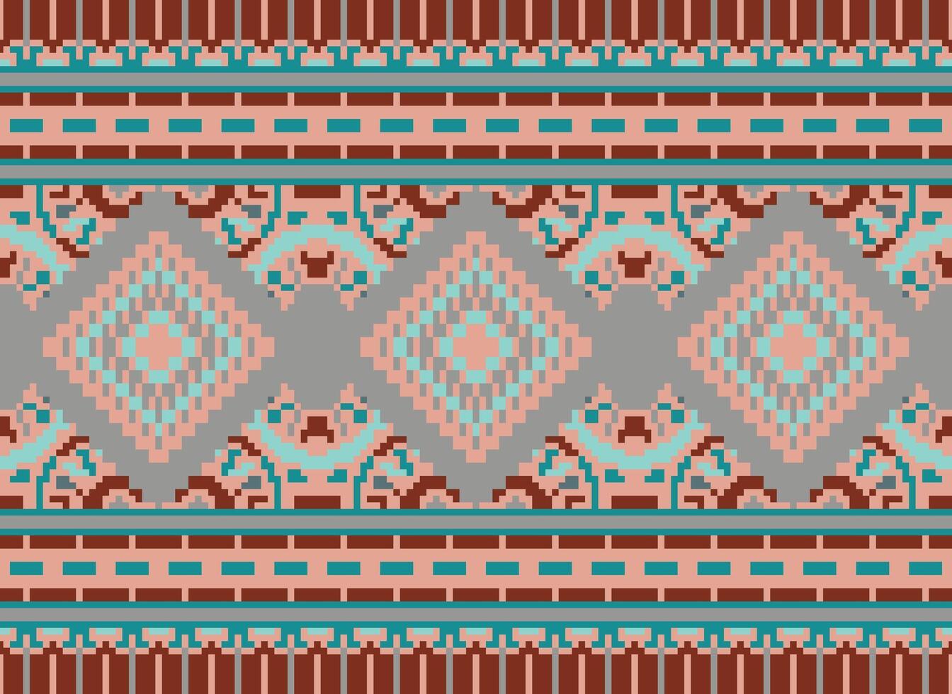 Pixel Cross Stitch Traditional Ethnic Pattern Paisley Flower Ikat Background Abstract Aztec African Indonesian Indian Seamless Pattern for Fabric Print Cloth Dress Carpet Curtains and Sarong vector