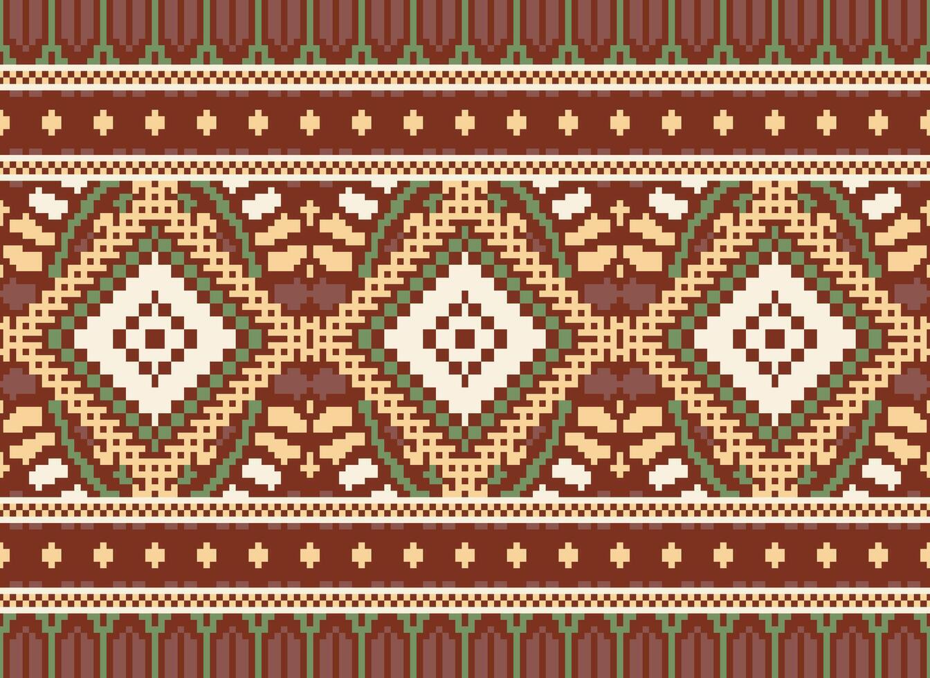 Pixel Cross Stitch Traditional Ethnic Pattern Paisley Flower Ikat Background Abstract Aztec African Indonesian Indian Seamless Pattern for Fabric Print Cloth Dress Carpet Curtains and Sarong vector