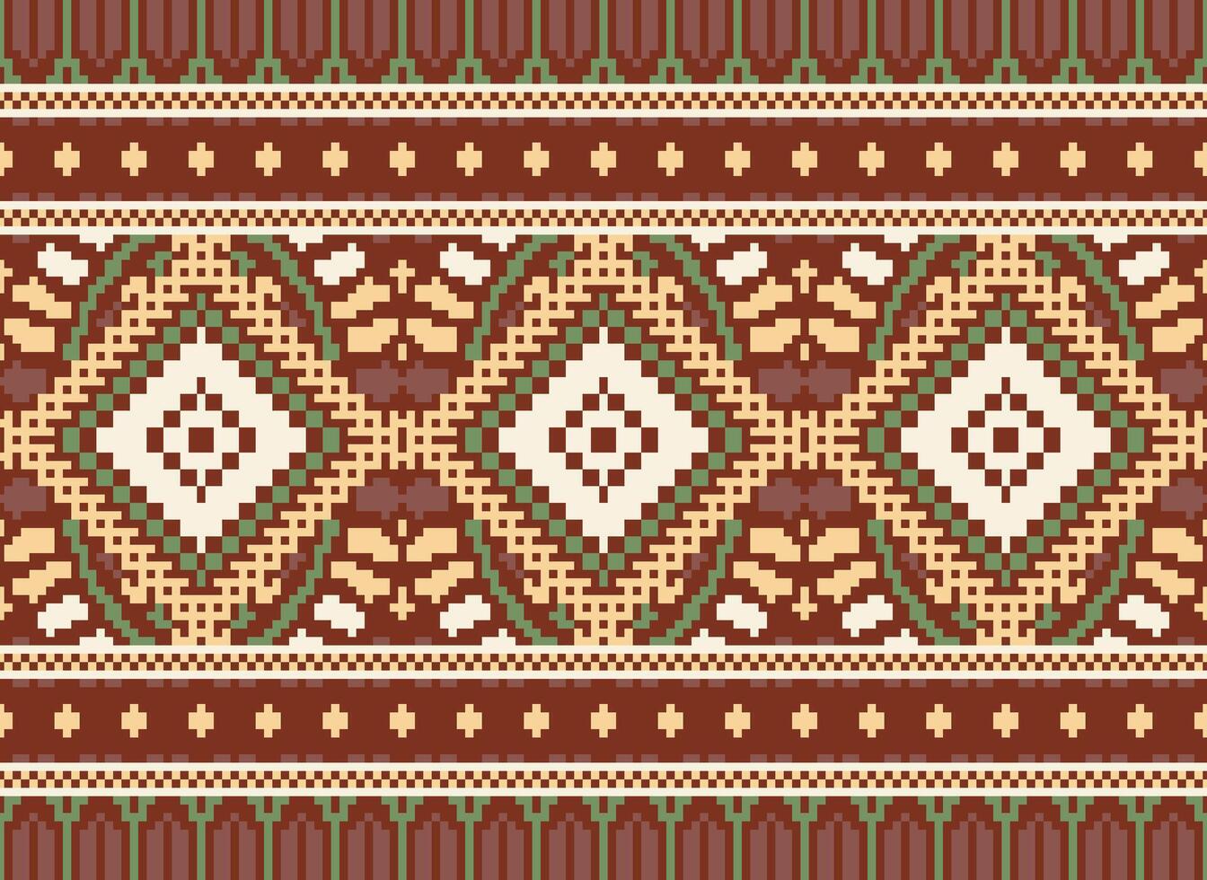 Pixel Cross Stitch Traditional Ethnic Pattern Paisley Flower Ikat Background Abstract Aztec African Indonesian Indian Seamless Pattern for Fabric Print Cloth Dress Carpet Curtains and Sarong vector