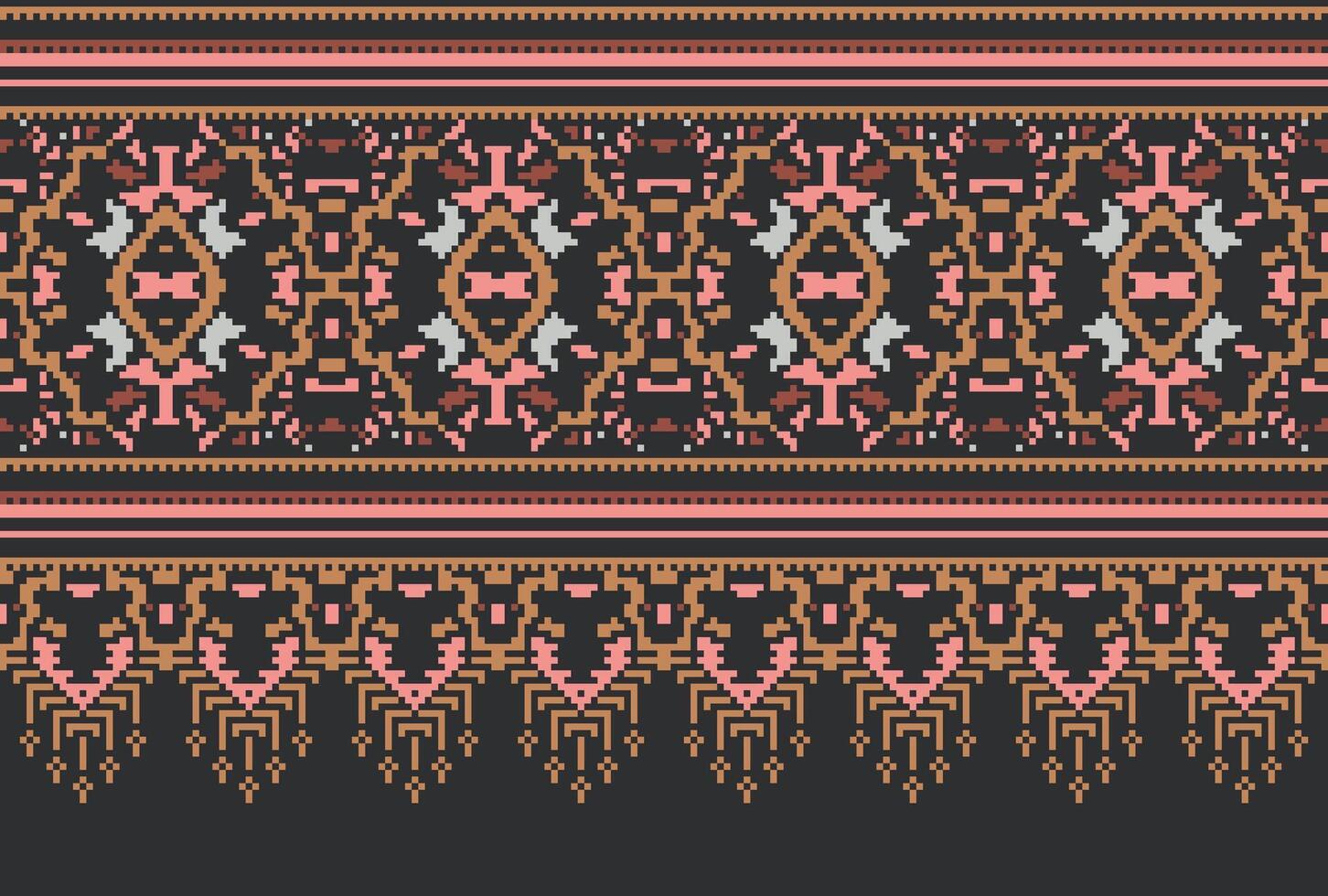 Pixel Cross Stitch Traditional Ethnic Pattern Paisley Flower Ikat Background Abstract Aztec African Indonesian Indian Seamless Pattern for Fabric Print Cloth Dress Carpet Curtains and Sarong vector