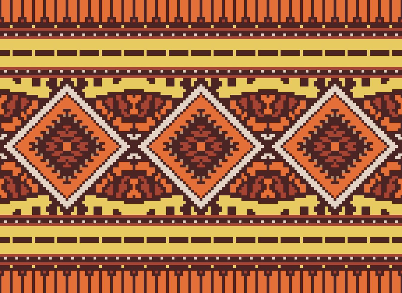 Pixel Cross Stitch Traditional Ethnic Pattern Paisley Flower Ikat Background Abstract Aztec African Indonesian Indian Seamless Pattern for Fabric Print Cloth Dress Carpet Curtains and Sarong vector