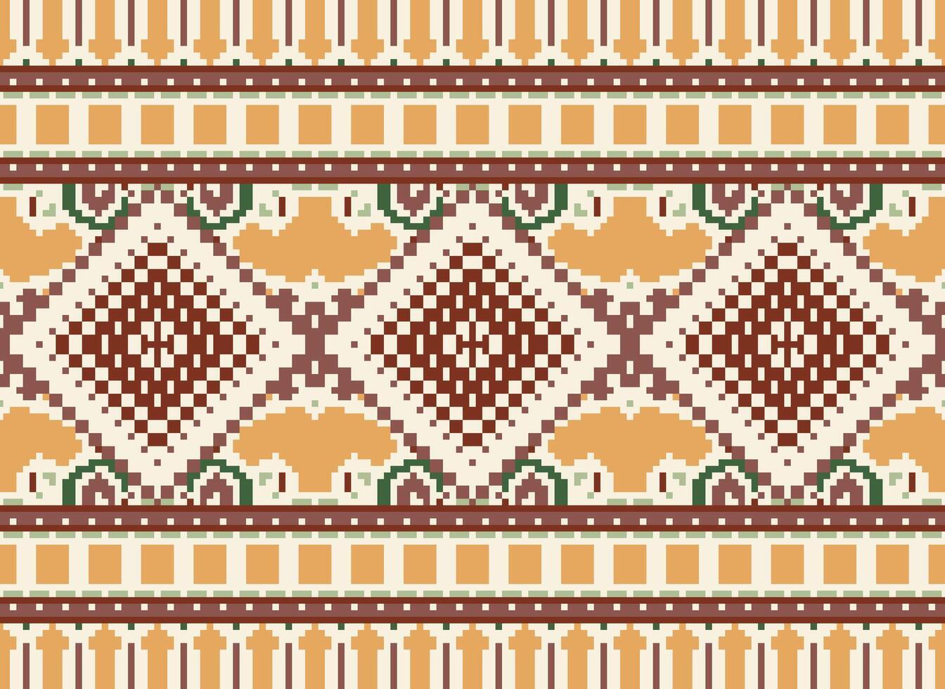 Pixel Cross Stitch Traditional Ethnic Pattern Paisley Flower Ikat Background Abstract Aztec African Indonesian Indian Seamless Pattern for Fabric Print Cloth Dress Carpet Curtains and Sarong vector