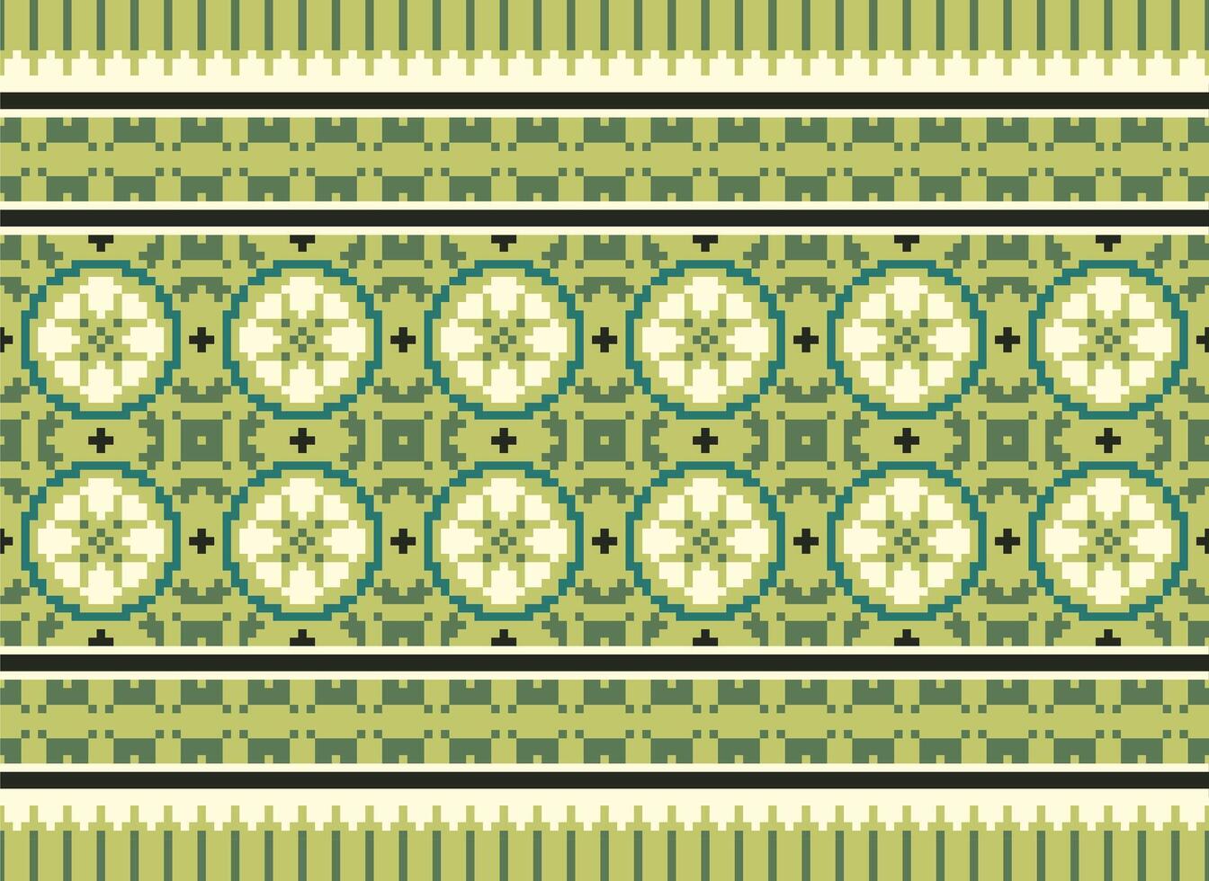Pixel Cross Stitch Traditional Ethnic Pattern Paisley Flower Ikat Background Abstract Aztec African Indonesian Indian Seamless Pattern for Fabric Print Cloth Dress Carpet Curtains and Sarong vector