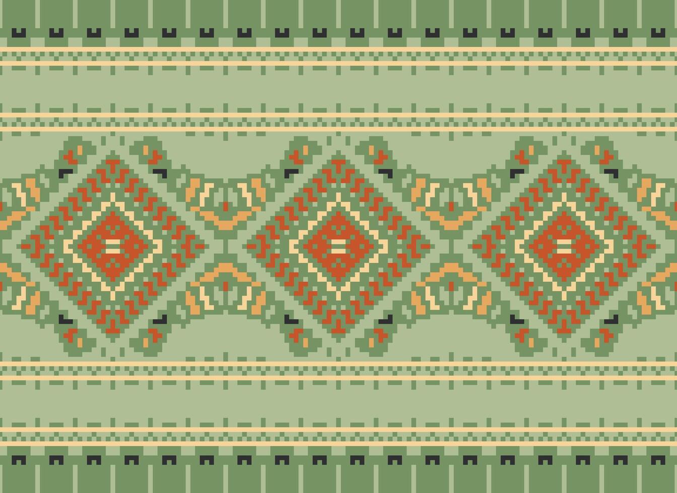 Pixel Cross Stitch Traditional Ethnic Pattern Paisley Flower Ikat Background Abstract Aztec African Indonesian Indian Seamless Pattern for Fabric Print Cloth Dress Carpet Curtains and Sarong vector