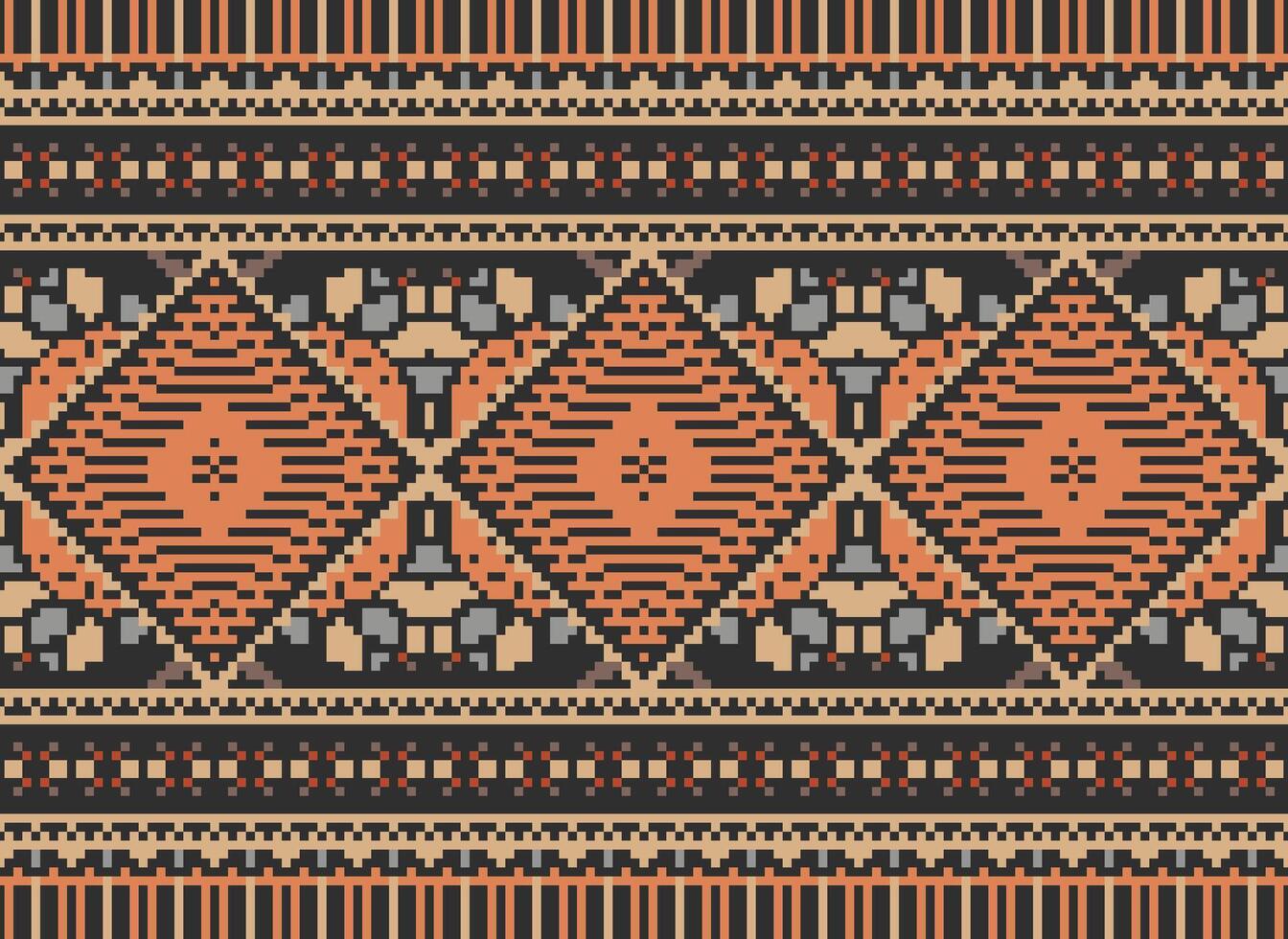 Pixel Cross Stitch Traditional Ethnic Pattern Paisley Flower Ikat Background Abstract Aztec African Indonesian Indian Seamless Pattern for Fabric Print Cloth Dress Carpet Curtains and Sarong vector