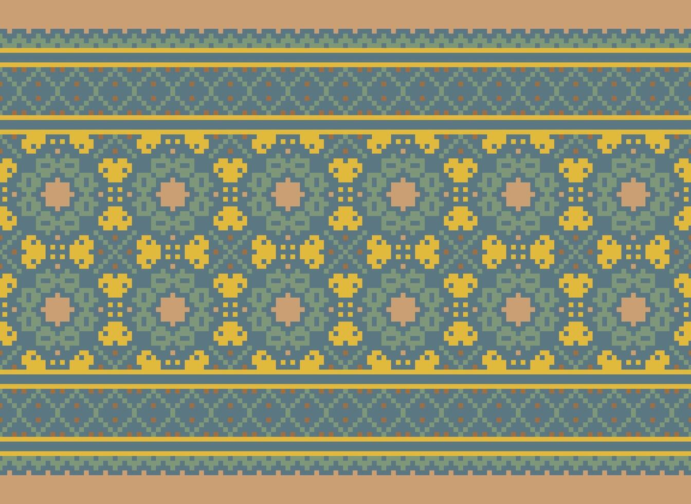 Pixel Cross Stitch pattern with Floral Designs. Traditional cross stitch needlework. Geometric Ethnic pattern, Embroidery, Textile ornamentation, fabric, Hand stitched pattern, Cultural stitching vector