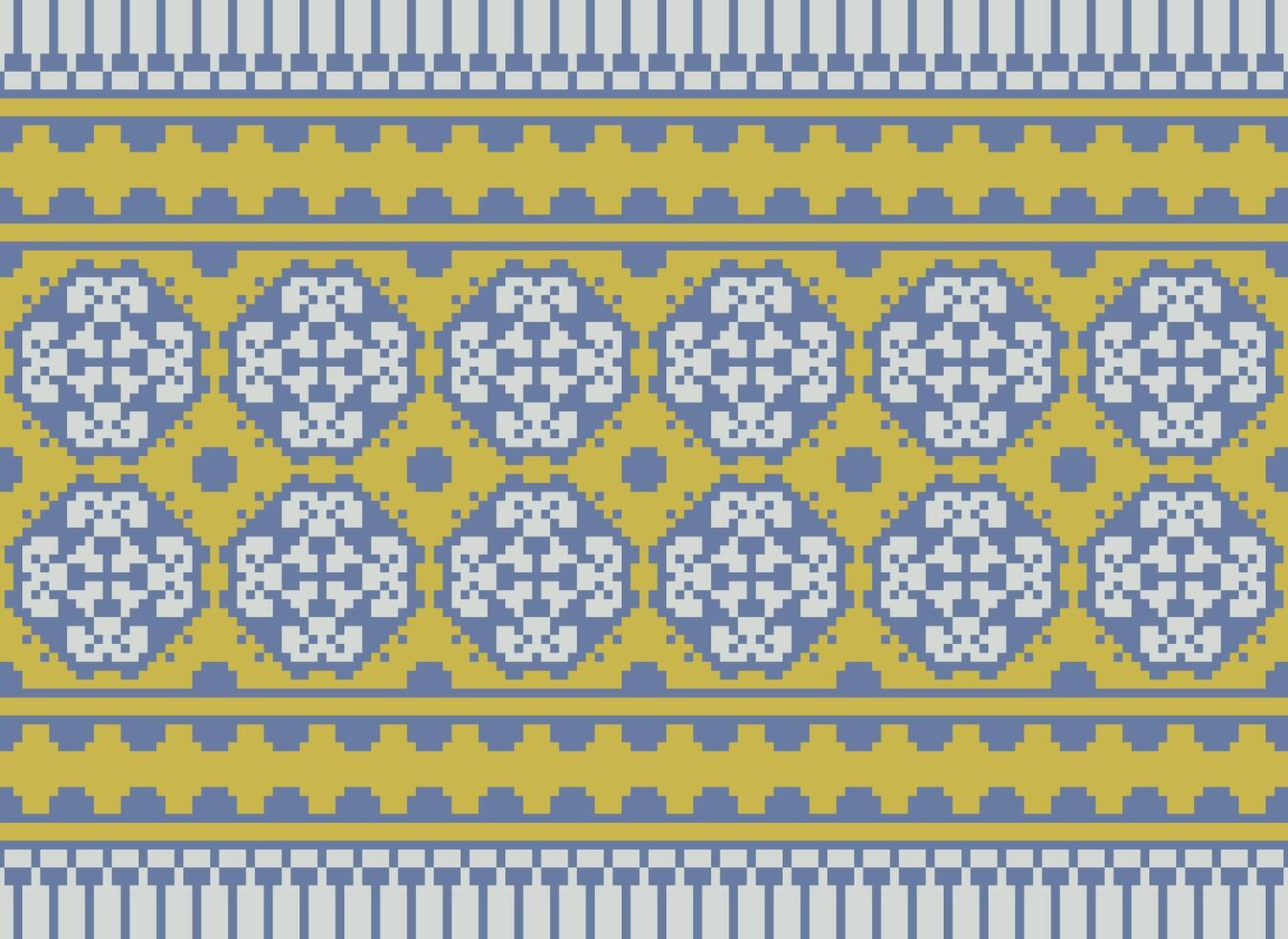 Pixel Cross Stitch Traditional Ethnic Pattern Paisley Flower Ikat Background Abstract Aztec African Indonesian Indian Seamless Pattern for Fabric Print Cloth Dress Carpet Curtains and Sarong vector