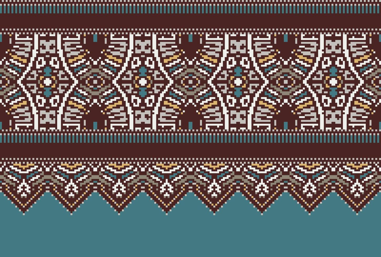 Pixel Cross Stitch pattern with Floral Designs. Traditional cross stitch needlework. Geometric Ethnic pattern, Embroidery, Textile ornamentation, fabric, Hand stitched pattern, Cultural stitching vector