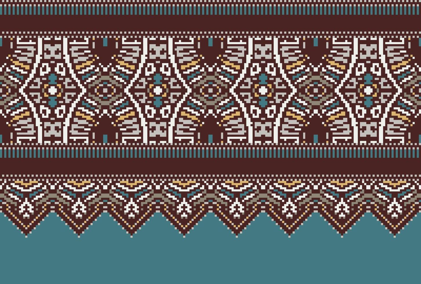 Pixel Cross Stitch pattern with Floral Designs. Traditional cross stitch needlework. Geometric Ethnic pattern, Embroidery, Textile ornamentation, fabric, Hand stitched pattern, Cultural stitching vector