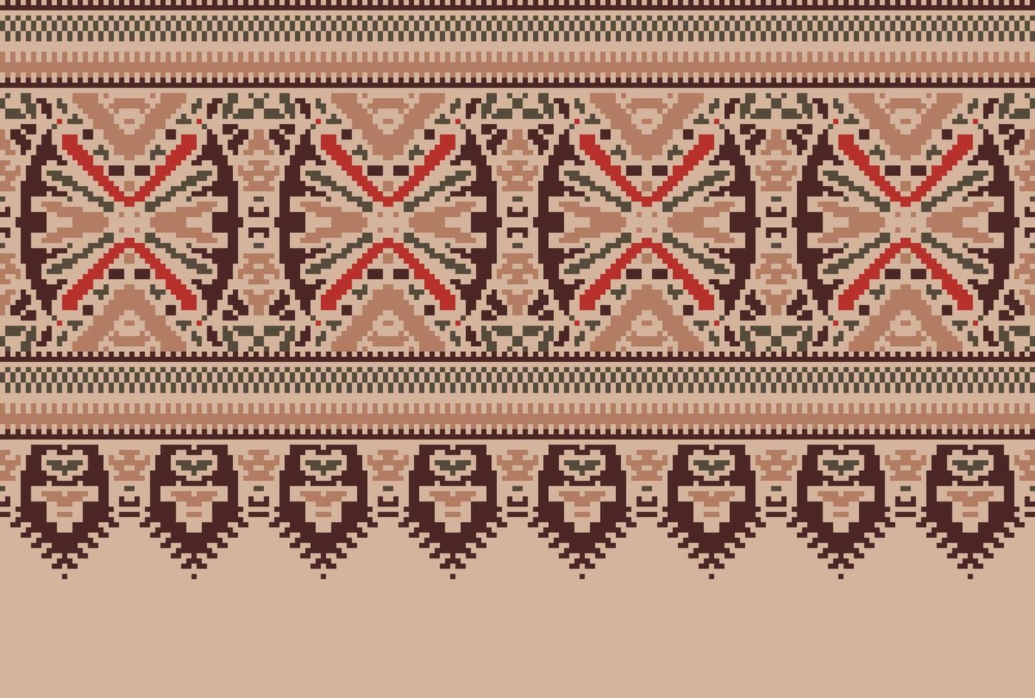 Pixel Cross Stitch pattern with Floral Designs. Traditional cross stitch needlework. Geometric Ethnic pattern, Embroidery, Textile ornamentation, fabric, Hand stitched pattern, Cultural stitching vector