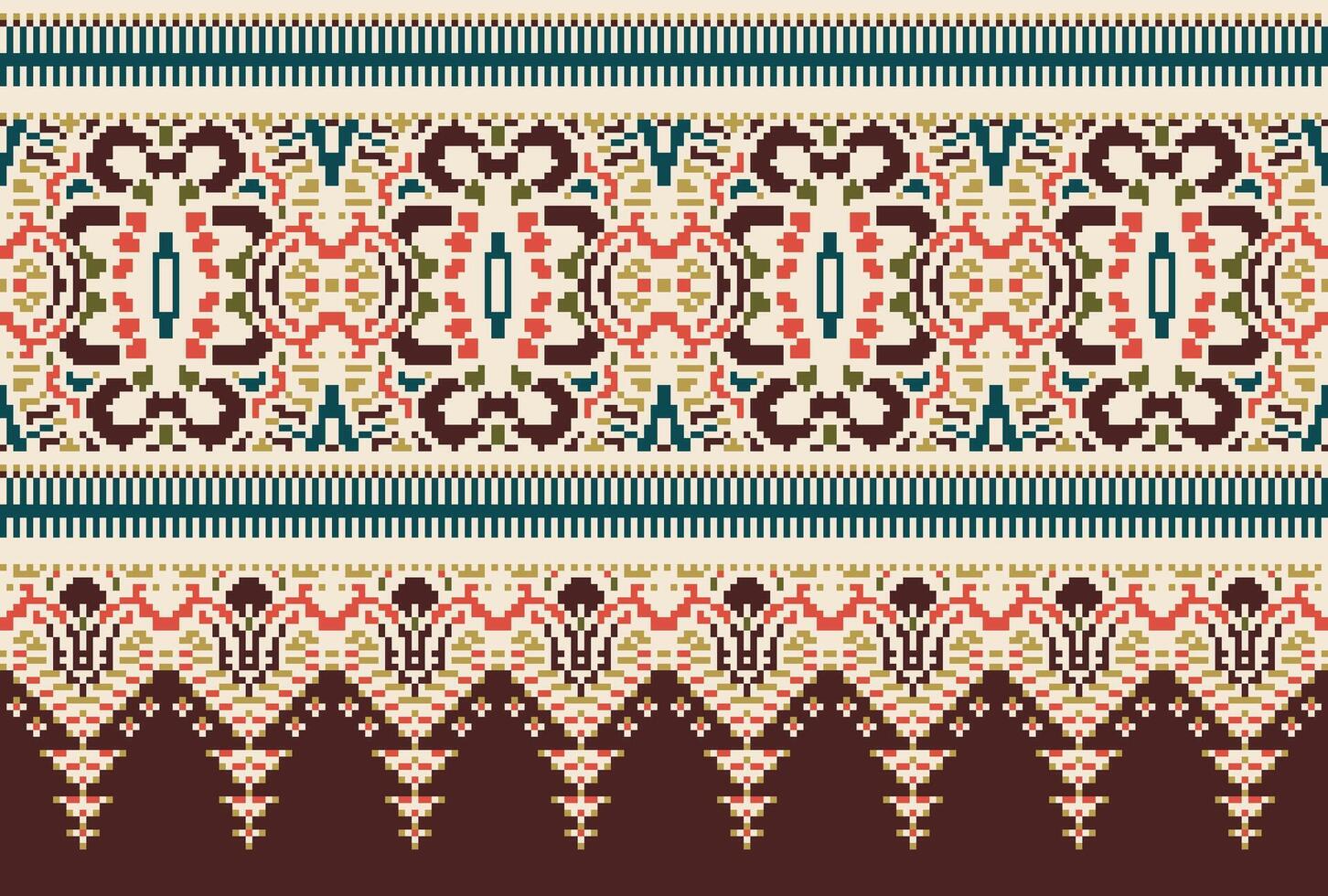 Pixel Cross Stitch Traditional Ethnic Pattern Paisley Flower Ikat Background Abstract Aztec African Indonesian Indian Seamless Pattern for Fabric Print Cloth Dress Carpet Curtains and Sarong vector