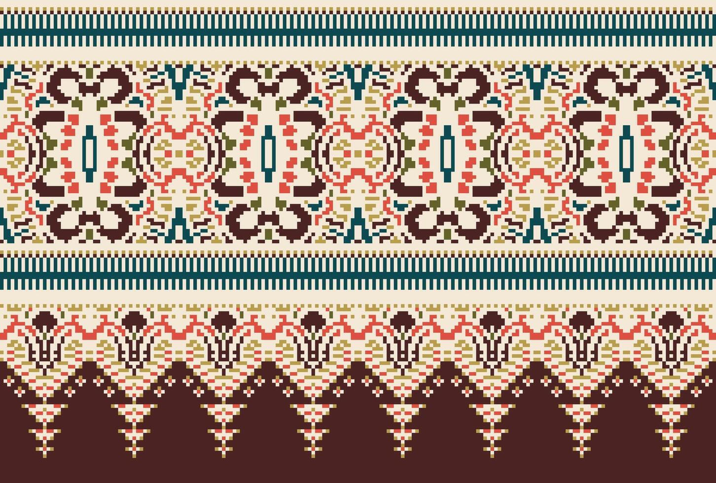 Pixel Cross Stitch Traditional Ethnic Pattern Paisley Flower Ikat Background Abstract Aztec African Indonesian Indian Seamless Pattern for Fabric Print Cloth Dress Carpet Curtains and Sarong vector