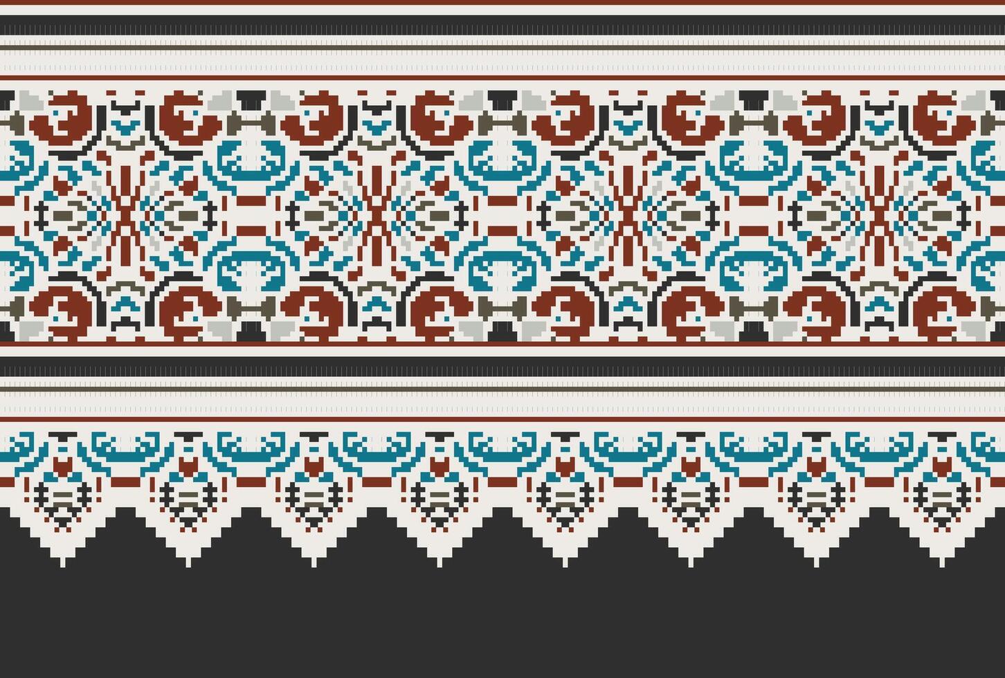 Pixel Cross Stitch pattern with Floral Designs. Traditional cross stitch needlework. Geometric Ethnic pattern, Embroidery, Textile ornamentation, fabric, Hand stitched pattern, Cultural stitching vector