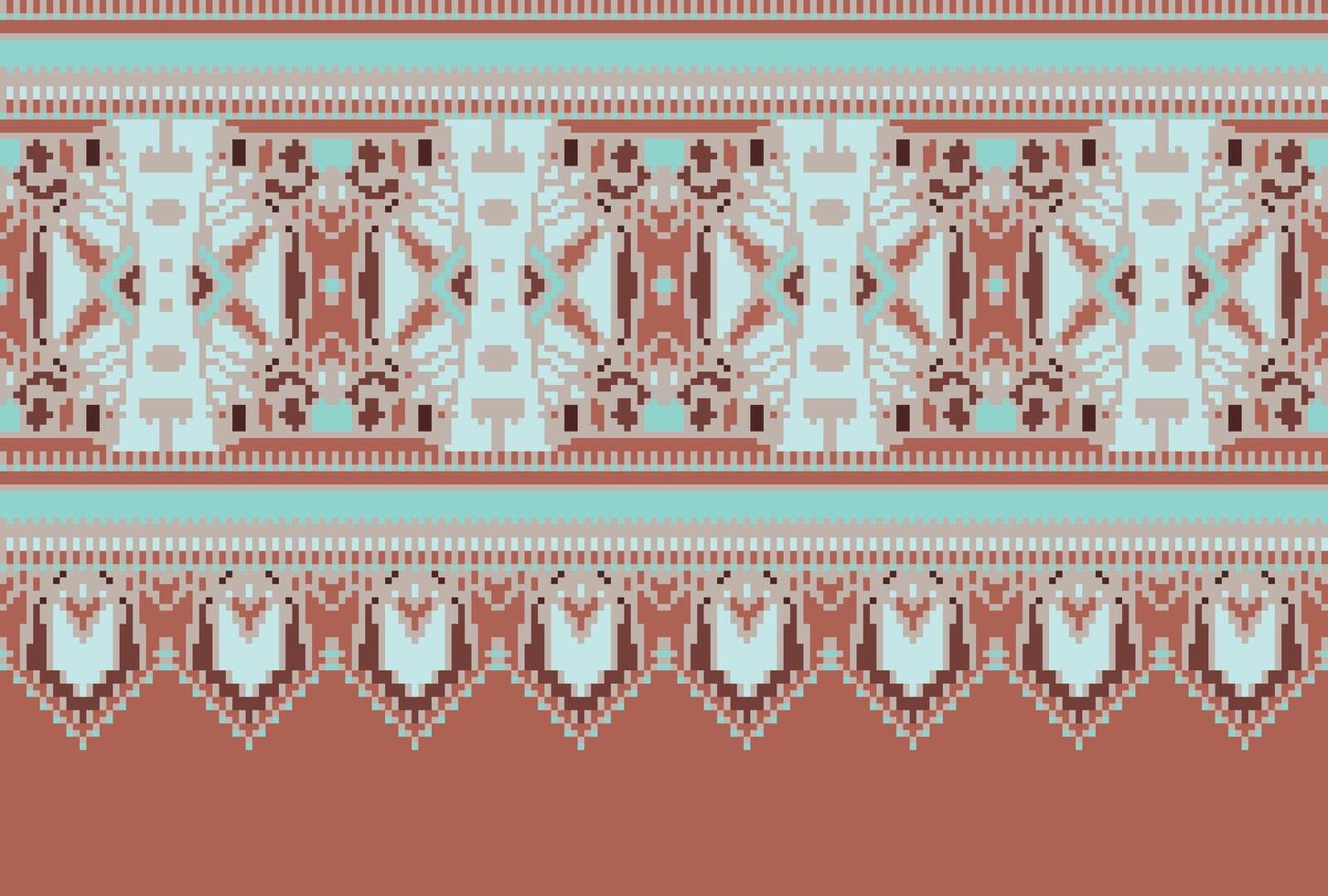Pixel Cross Stitch pattern with Floral Designs. Traditional cross stitch needlework. Geometric Ethnic pattern, Embroidery, Textile ornamentation, fabric, Hand stitched pattern, Cultural stitching vector