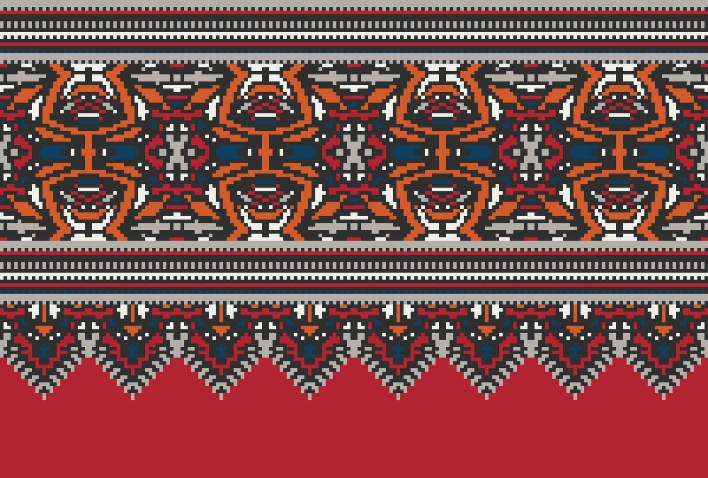 Cross Stitch pattern with Floral Designs. Traditional cross stitch needlework. Geometric Ethnic pattern, Embroidery, Textile ornamentation, fabric, Hand stitched pattern, Cultural stitching pixel art. vector