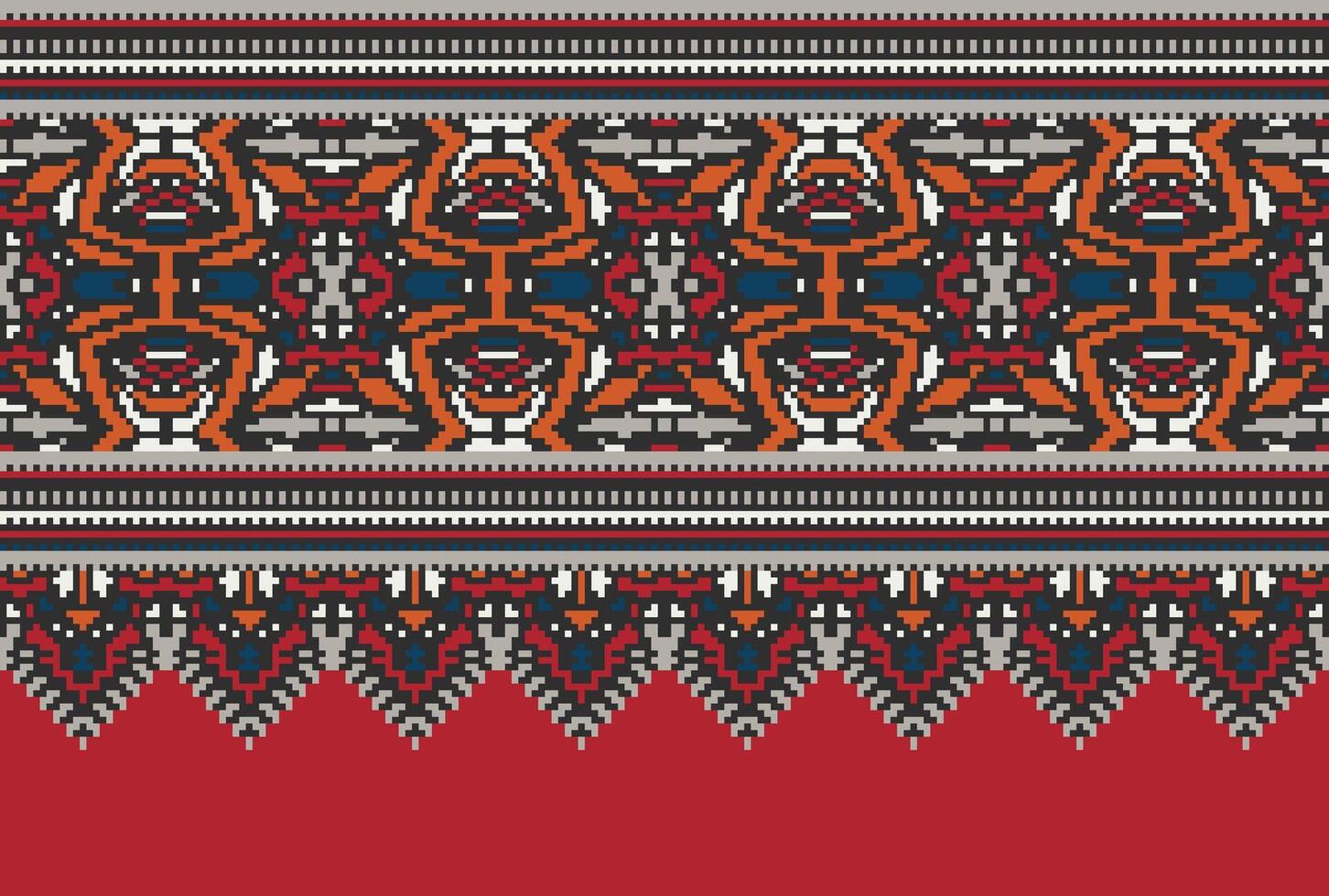 Cross Stitch pattern with Floral Designs. Traditional cross stitch needlework. Geometric Ethnic pattern, Embroidery, Textile ornamentation, fabric, Hand stitched pattern, Cultural stitching pixel art. vector