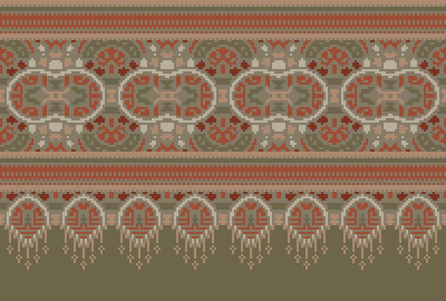 Pixel Cross Stitch Traditional Ethnic Pattern Paisley Flower Ikat Background Abstract Aztec African Indonesian Indian Seamless Pattern for Fabric Print Cloth Dress Carpet Curtains and Sarong vector