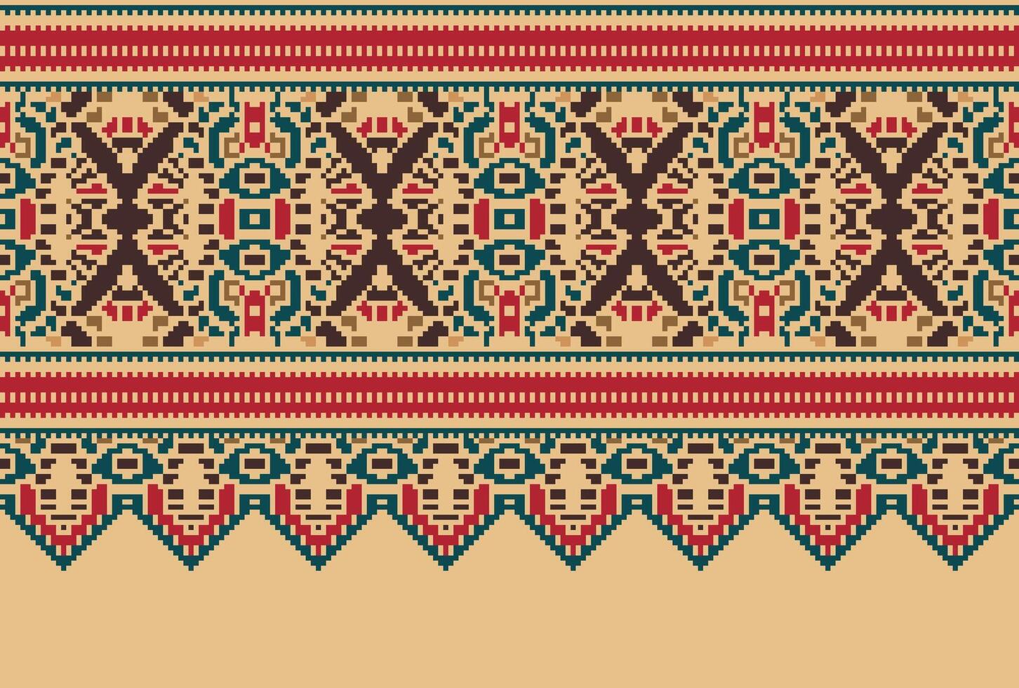 Pixel Cross Stitch Traditional Ethnic Pattern Paisley Flower Ikat Background Abstract Aztec African Indonesian Indian Seamless Pattern for Fabric Print Cloth Dress Carpet Curtains and Sarong vector
