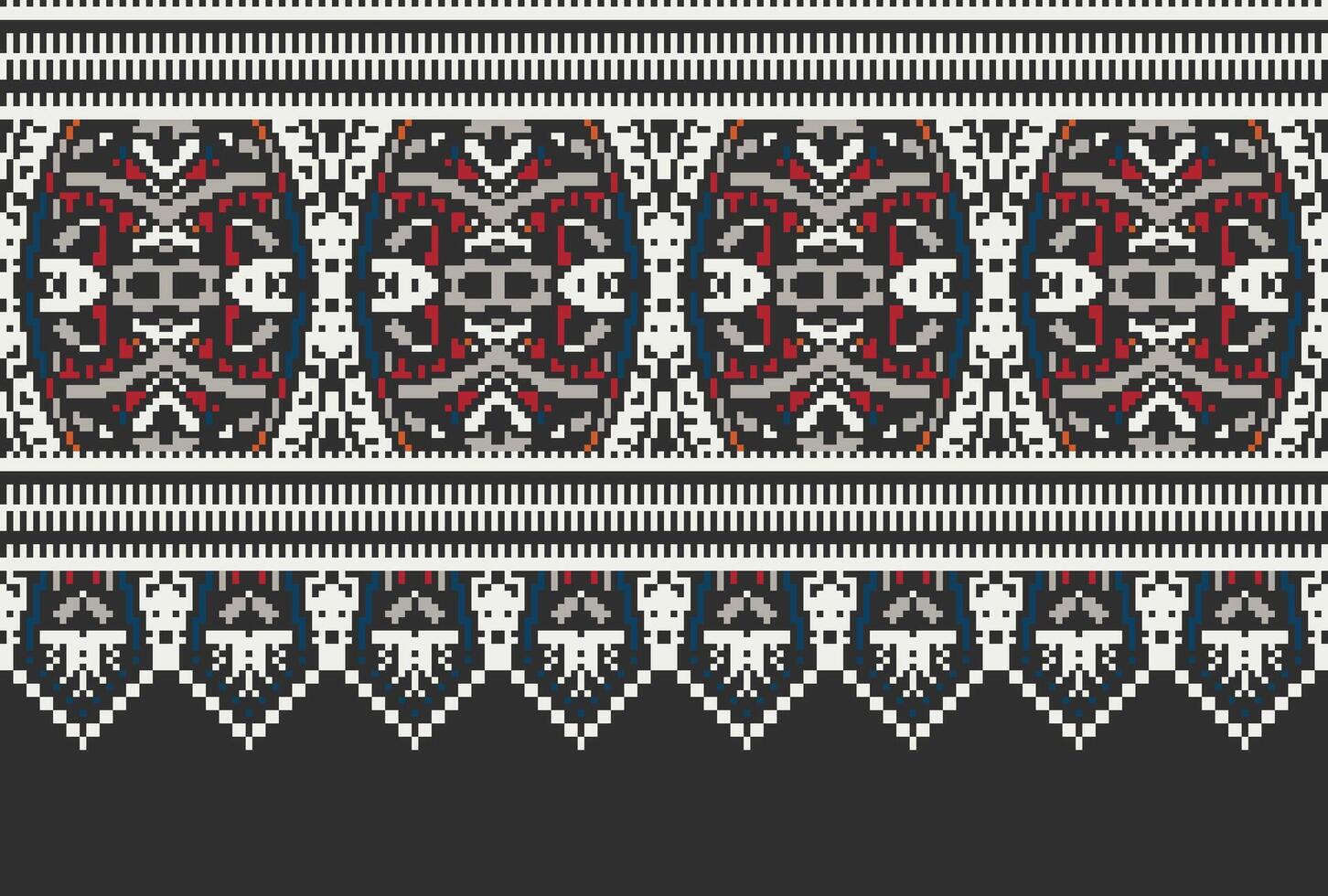 Pixel Cross Stitch pattern with Floral Designs. Traditional cross stitch needlework. Geometric Ethnic pattern, Embroidery, Textile ornamentation, fabric, Hand stitched pattern, Cultural stitching vector