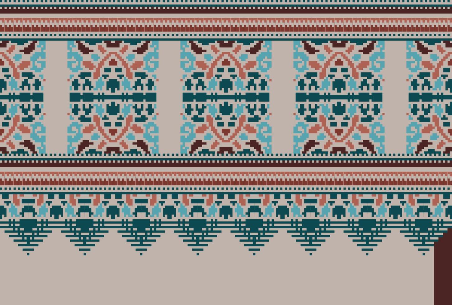 Cross Stitch pattern with Floral Designs. Traditional cross stitch needlework. Geometric Ethnic pattern, Embroidery, Textile ornamentation, fabric, Hand stitched pattern, Cultural stitching pixel art. vector