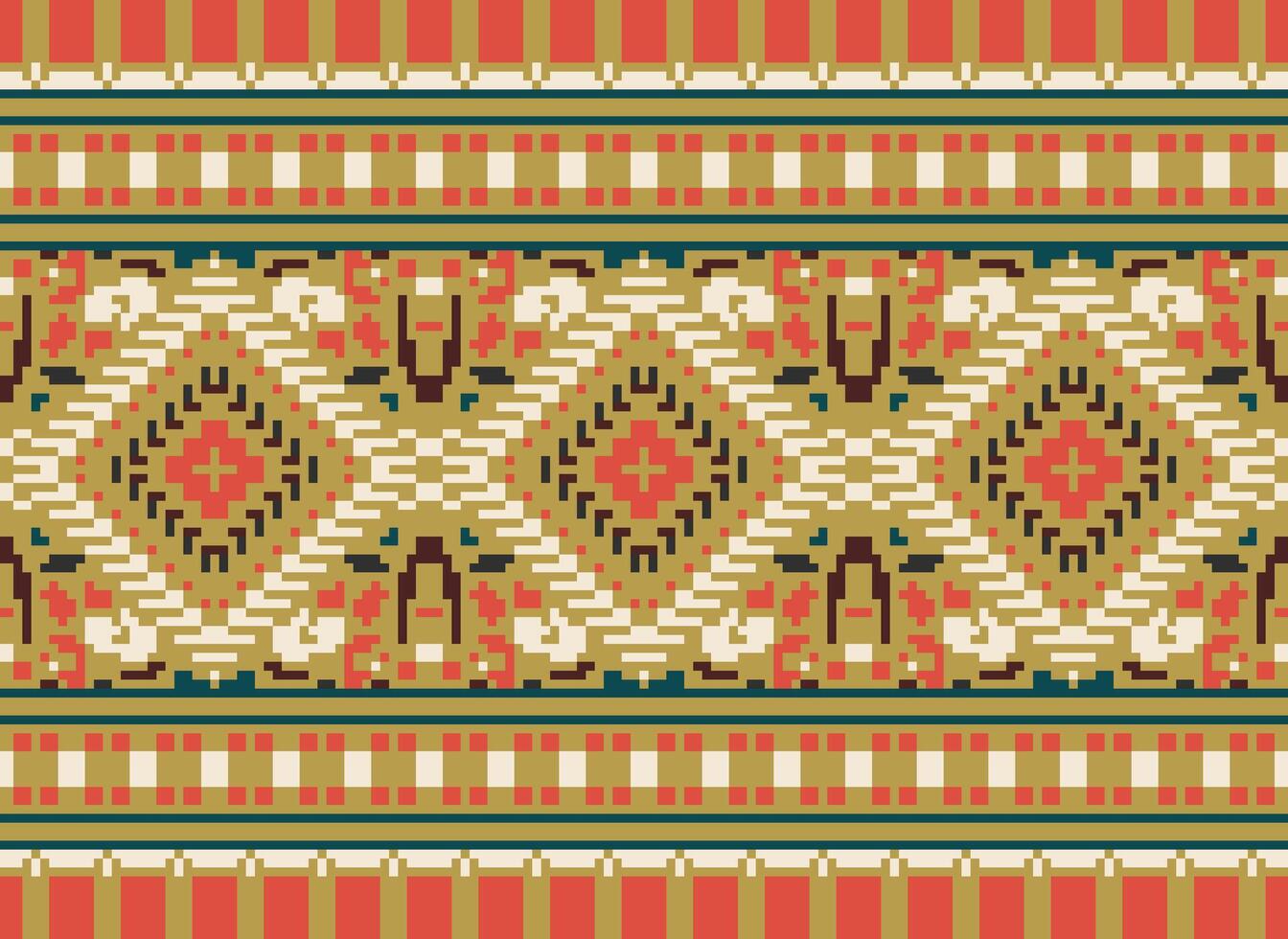 Pixel Cross Stitch Traditional Ethnic Pattern Paisley Flower Ikat Background Abstract Aztec African Indonesian Indian Seamless Pattern for Fabric Print Cloth Dress Carpet Curtains and Sarong vector