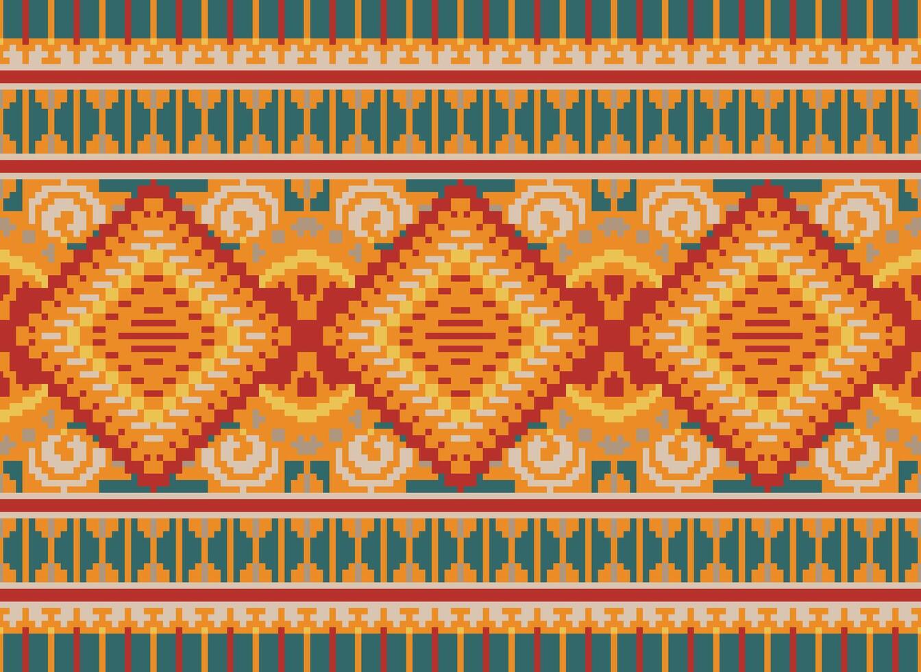 Pixel Cross Stitch Traditional Ethnic Pattern Paisley Flower Ikat Background Abstract Aztec African Indonesian Indian Seamless Pattern for Fabric Print Cloth Dress Carpet Curtains and Sarong vector