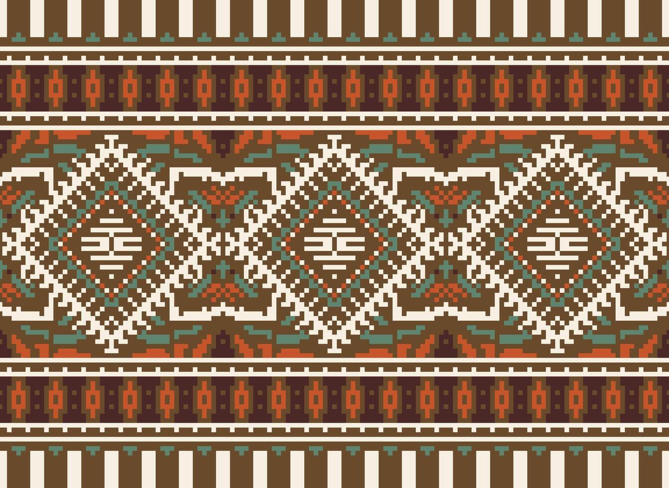 Pixel Cross Stitch Traditional Ethnic Pattern Paisley Flower Ikat Background Abstract Aztec African Indonesian Indian Seamless Pattern for Fabric Print Cloth Dress Carpet Curtains and Sarong vector