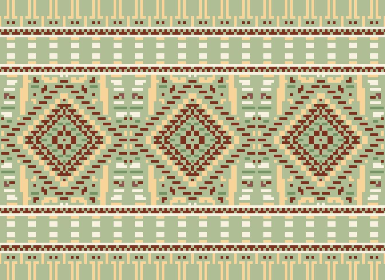 Pixel Cross Stitch Traditional Ethnic Pattern Paisley Flower Ikat Background Abstract Aztec African Indonesian Indian Seamless Pattern for Fabric Print Cloth Dress Carpet Curtains and Sarong vector