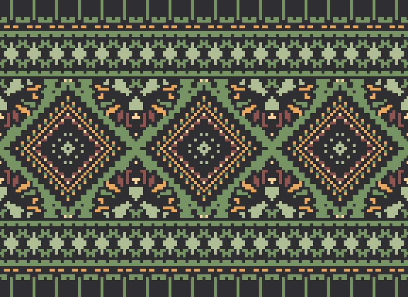 Pixel Cross Stitch Traditional Ethnic Pattern Paisley Flower Ikat Background Abstract Aztec African Indonesian Indian Seamless Pattern for Fabric Print Cloth Dress Carpet Curtains and Sarong vector