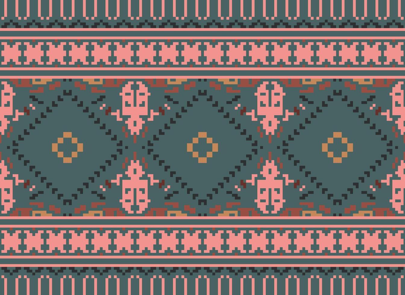 Pixel Cross Stitch Traditional Ethnic Pattern Paisley Flower Ikat Background Abstract Aztec African Indonesian Indian Seamless Pattern for Fabric Print Cloth Dress Carpet Curtains and Sarong vector