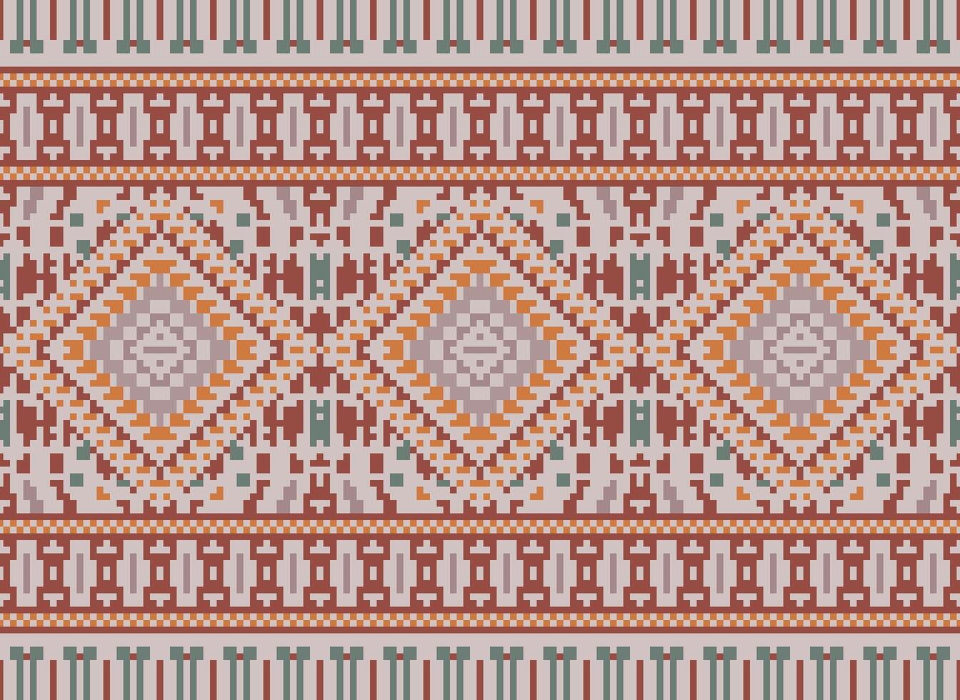Pixel Cross Stitch Traditional Ethnic Pattern Paisley Flower Ikat Background Abstract Aztec African Indonesian Indian Seamless Pattern for Fabric Print Cloth Dress Carpet Curtains and Sarong vector
