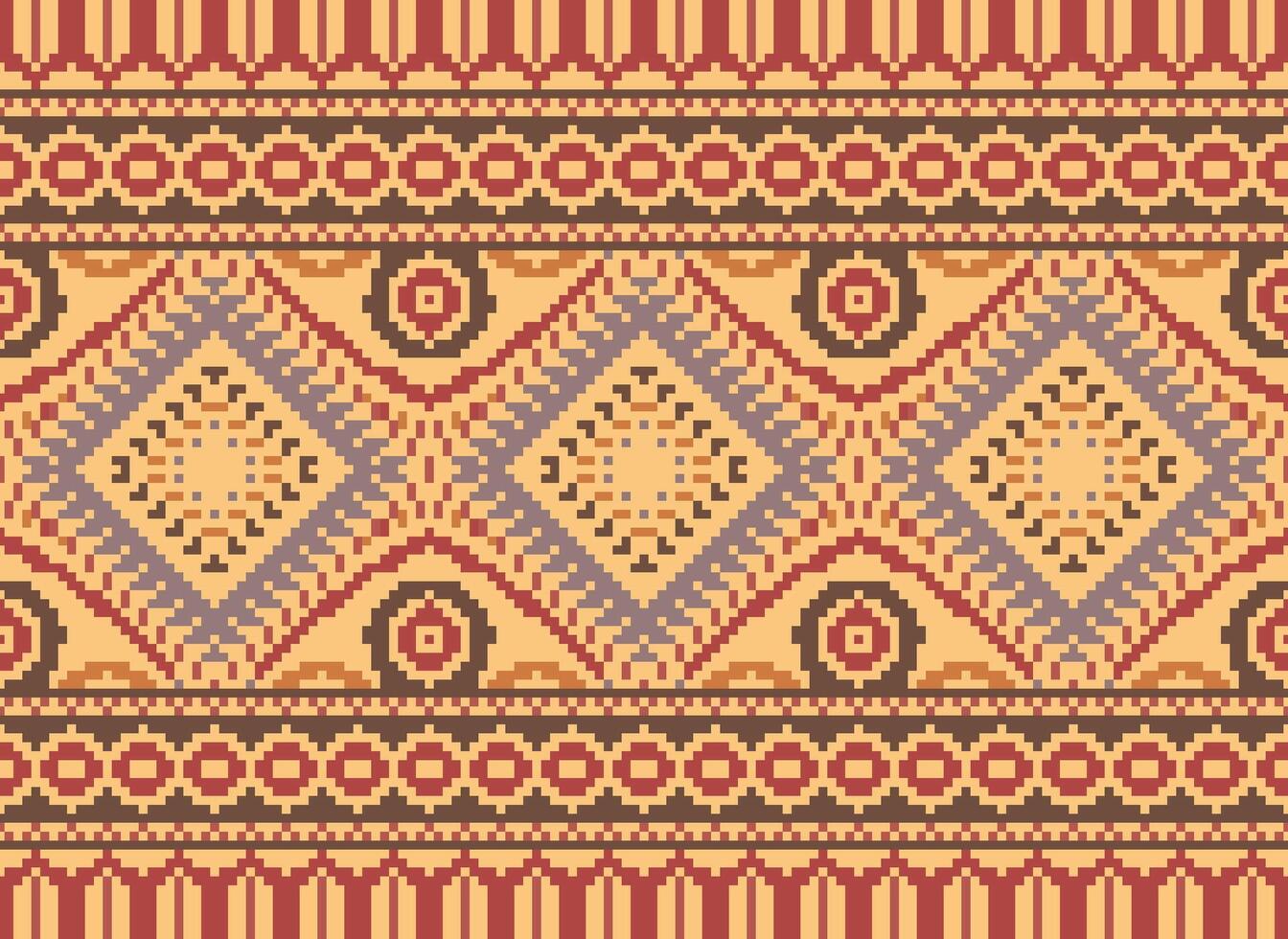 Pixel Cross Stitch Traditional Ethnic Pattern Paisley Flower Ikat Background Abstract Aztec African Indonesian Indian Seamless Pattern for Fabric Print Cloth Dress Carpet Curtains and Sarong vector