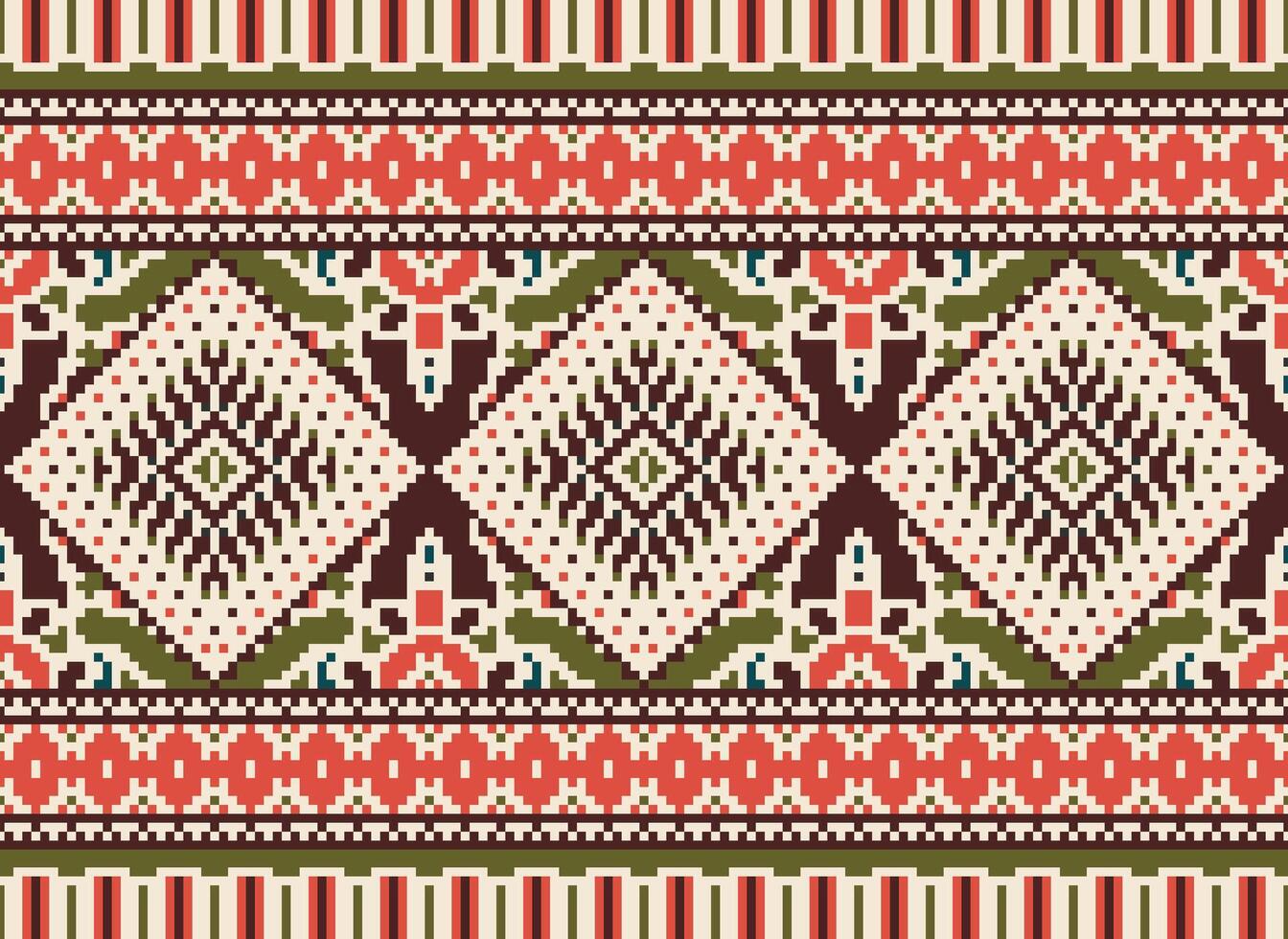 Pixel Cross Stitch Traditional Ethnic Pattern Paisley Flower Ikat Background Abstract Aztec African Indonesian Indian Seamless Pattern for Fabric Print Cloth Dress Carpet Curtains and Sarong vector