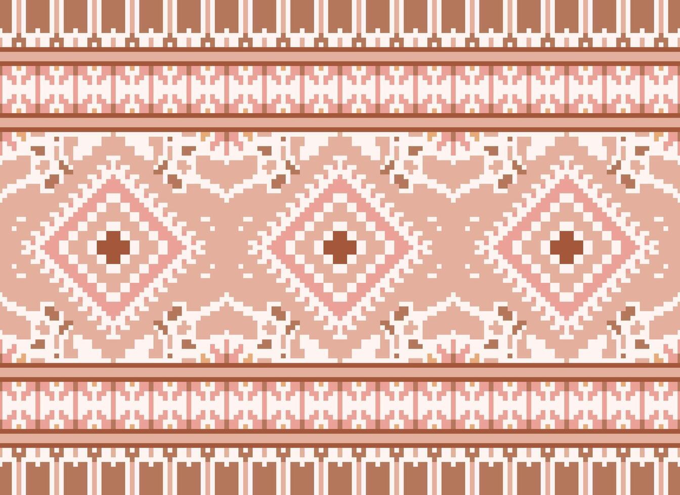 Pixel Cross Stitch Traditional Ethnic Pattern Paisley Flower Ikat Background Abstract Aztec African Indonesian Indian Seamless Pattern for Fabric Print Cloth Dress Carpet Curtains and Sarong vector