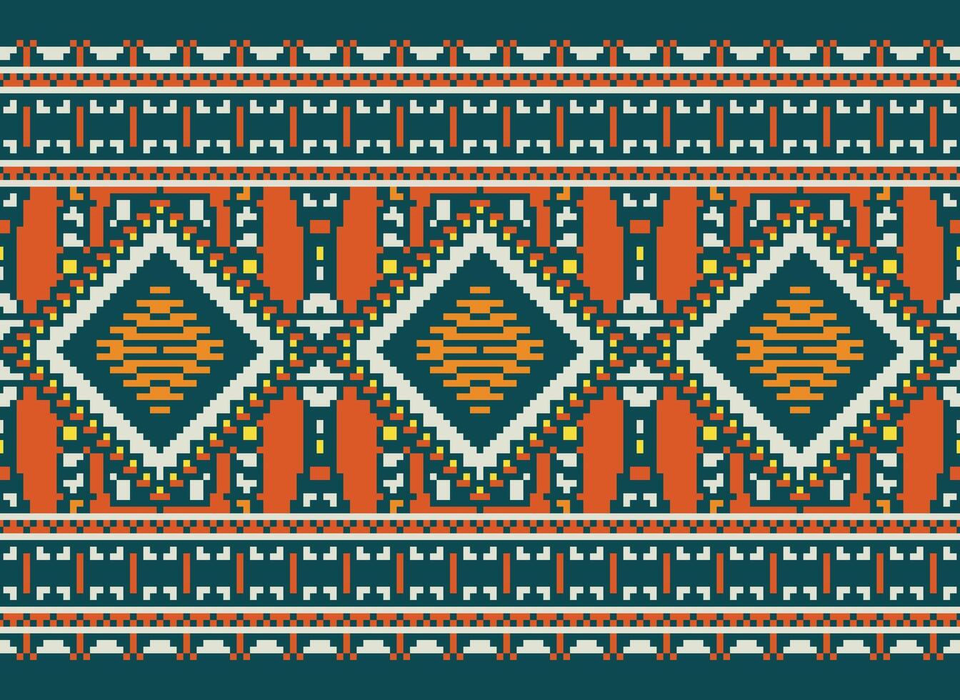 Pixel Cross Stitch Traditional Ethnic Pattern Paisley Flower Ikat Background Abstract Aztec African Indonesian Indian Seamless Pattern for Fabric Print Cloth Dress Carpet Curtains and Sarong vector