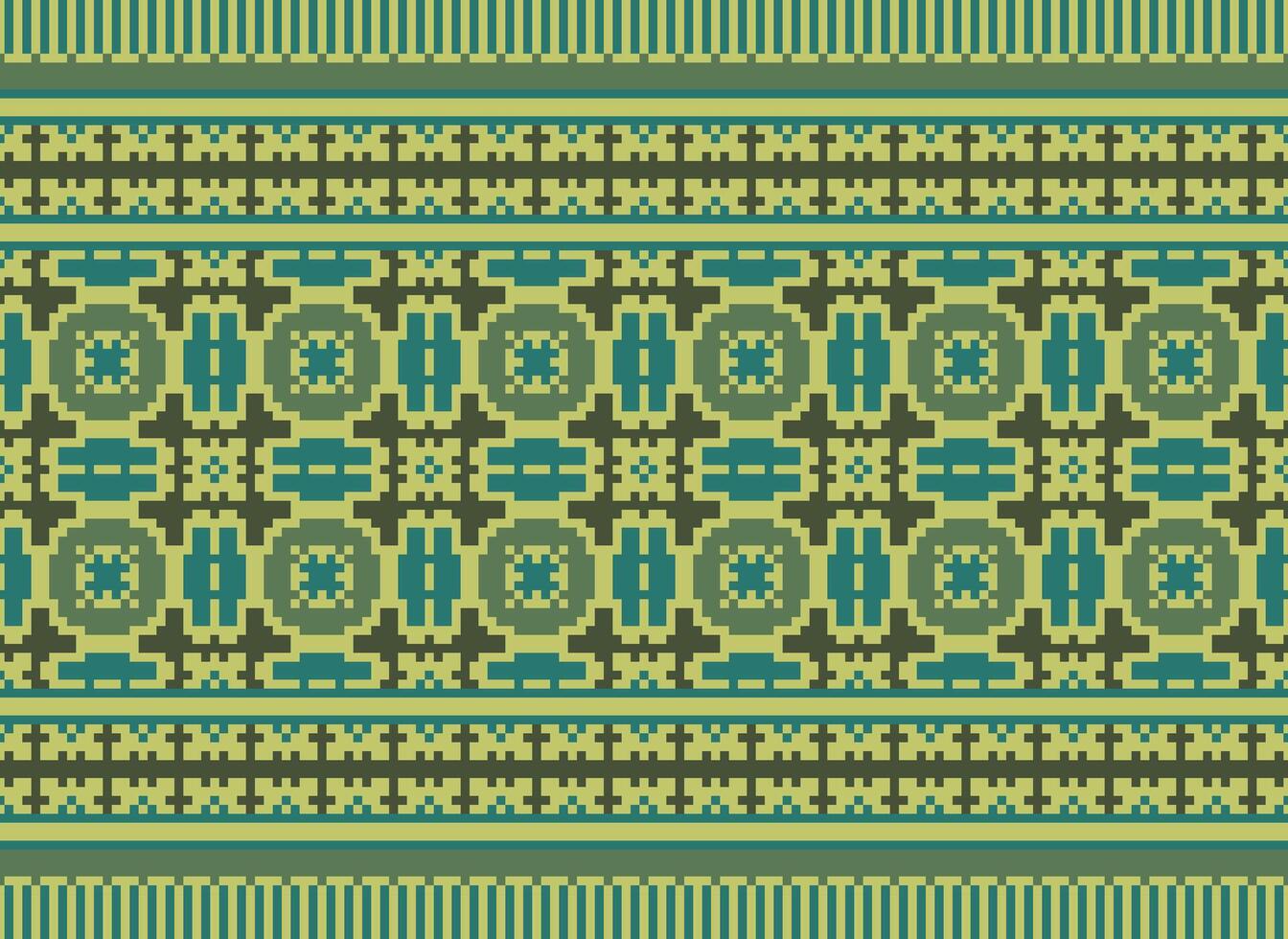 Pixel Cross Stitch Traditional Ethnic Pattern Paisley Flower Ikat Background Abstract Aztec African Indonesian Indian Seamless Pattern for Fabric Print Cloth Dress Carpet Curtains and Sarong vector