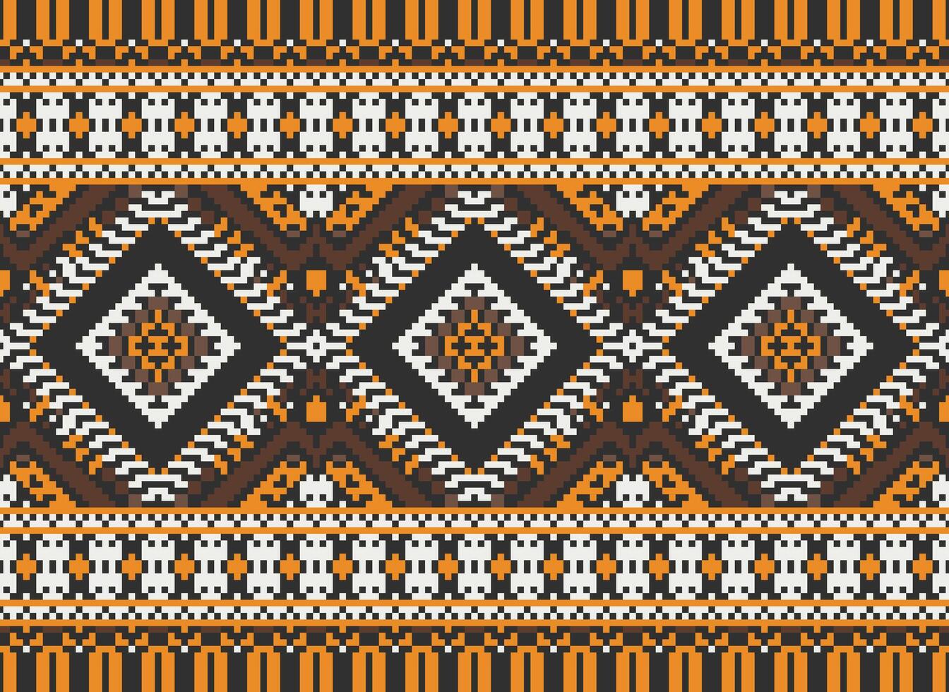 Pixel Cross Stitch Traditional Ethnic Pattern Paisley Flower Ikat Background Abstract Aztec African Indonesian Indian Seamless Pattern for Fabric Print Cloth Dress Carpet Curtains and Sarong vector