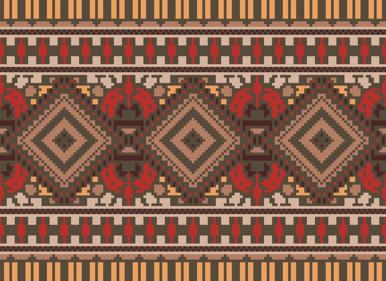 Pixel Cross Stitch Traditional Ethnic Pattern Paisley Flower Ikat Background Abstract Aztec African Indonesian Indian Seamless Pattern for Fabric Print Cloth Dress Carpet Curtains and Sarong vector