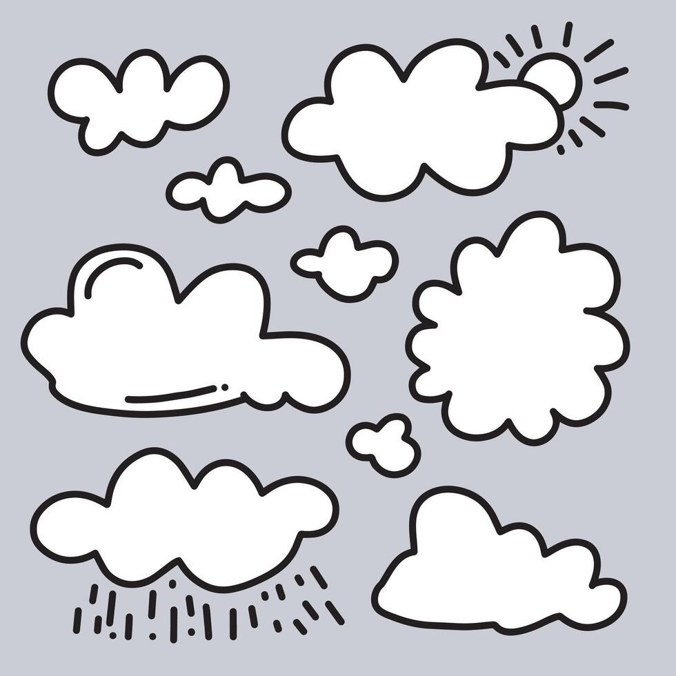 mano dibujado nubes conjunto en gris antecedentes. vector