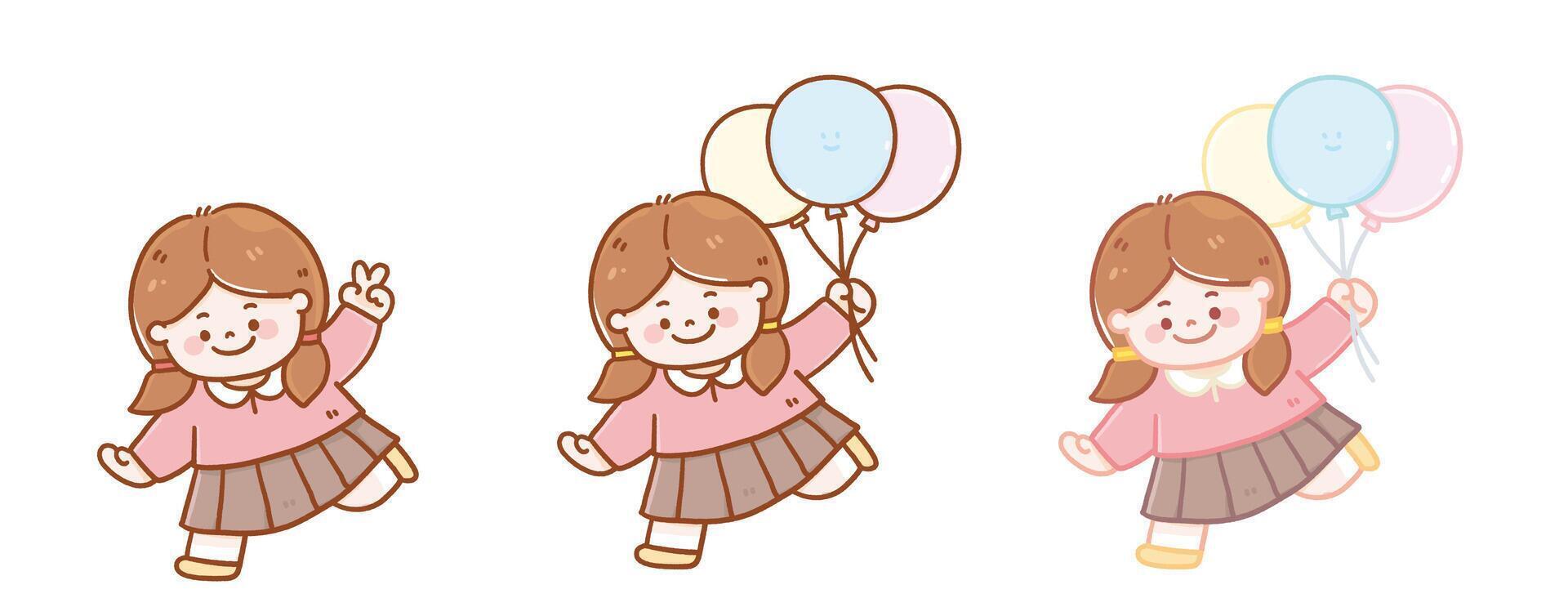 Vector cute illustration style. Happy kindergarten girl having fun and running holding balloons